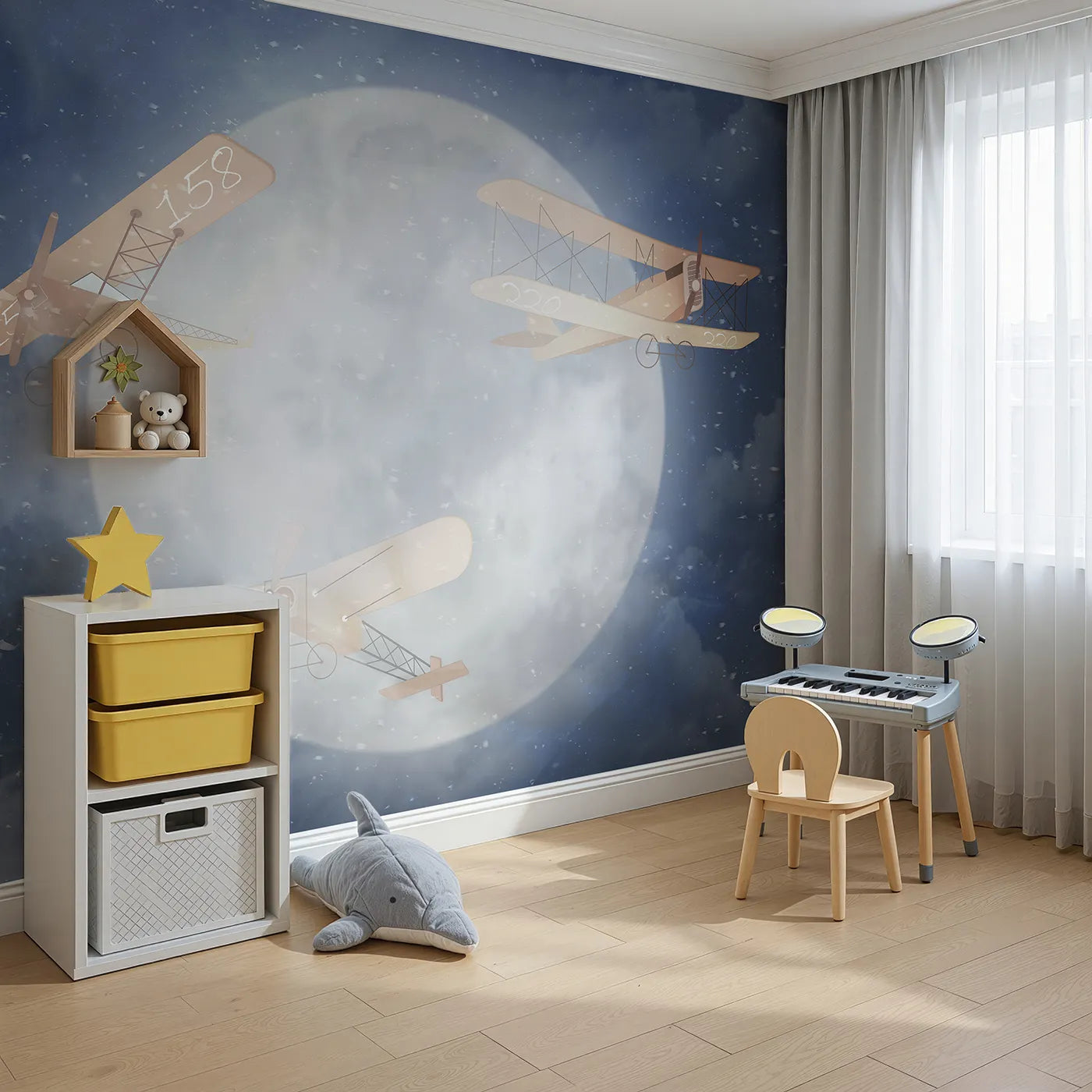 Angled view of Whimsy Tots' Moonlit Flight Wall Mural (Turn Their Room into a Magical, Snowy Night Adventure).Gender-Neutral