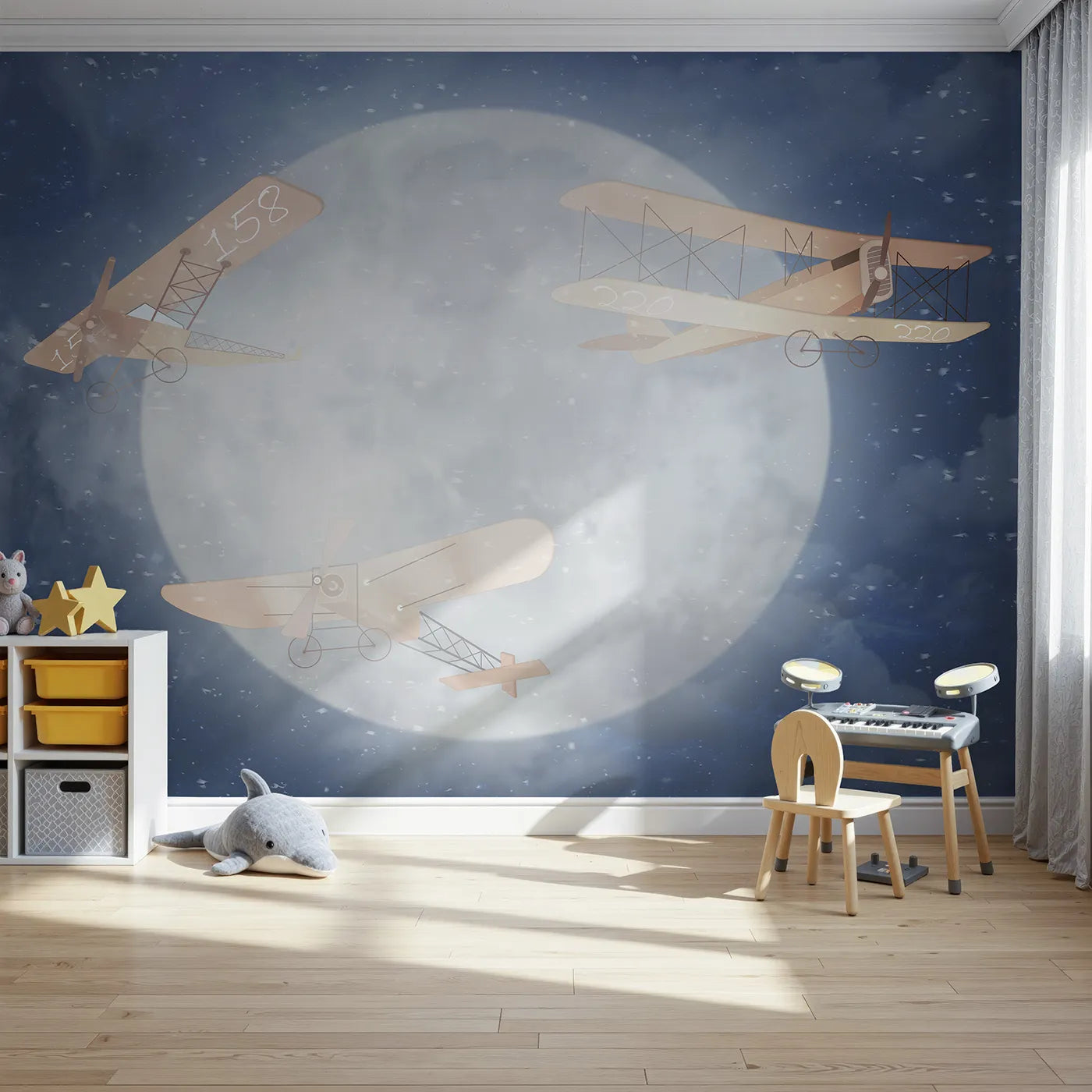 Front view of Whimsy Tots' Moonlit Flight Wall Mural