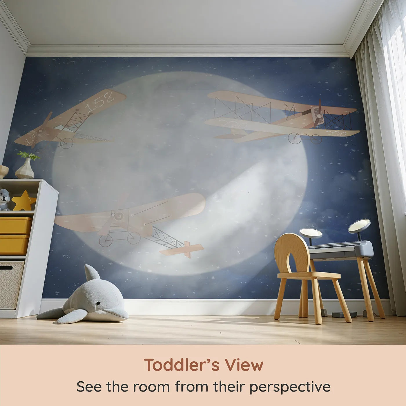 Whimsy Tots Moonlit Flight Wall Mural (Turn Their Room into a Magical, Snowy Night Adventure) from your child's view.Gender-Neutral