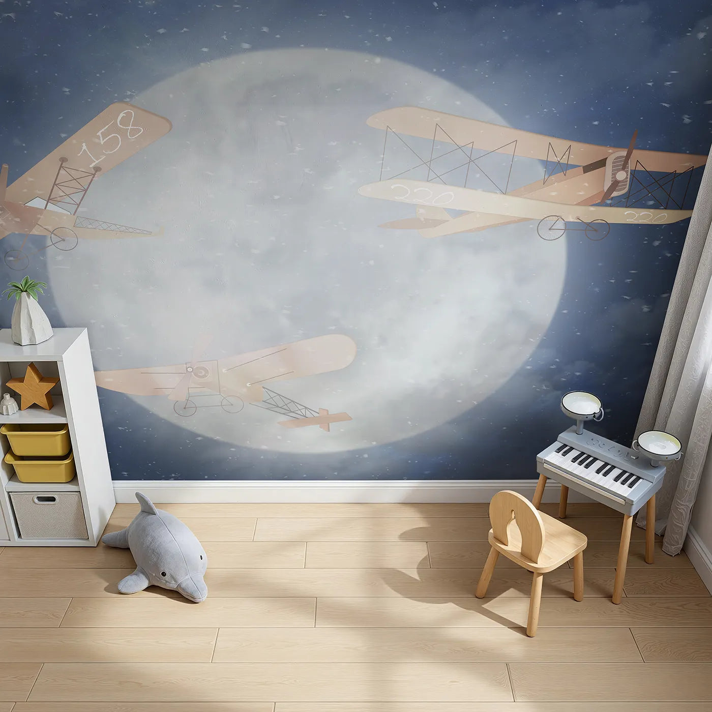 Top-down view of Whimsy Tots' Moonlit Flight Wall Mural (Turn Their Room into a Magical, Snowy Night Adventure).Gender-Neutral