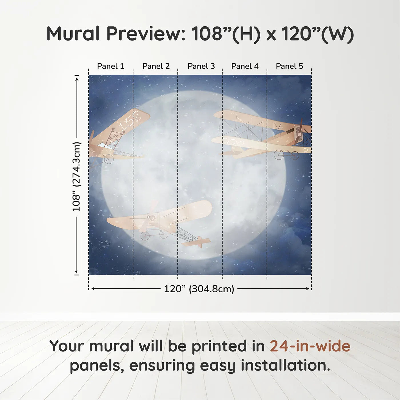 Whimsy Tots Moonlit Flight Wall Muraldimension view (108" H x 120" W). Printed in five 24-inch-wide panels. Gender-Neutral