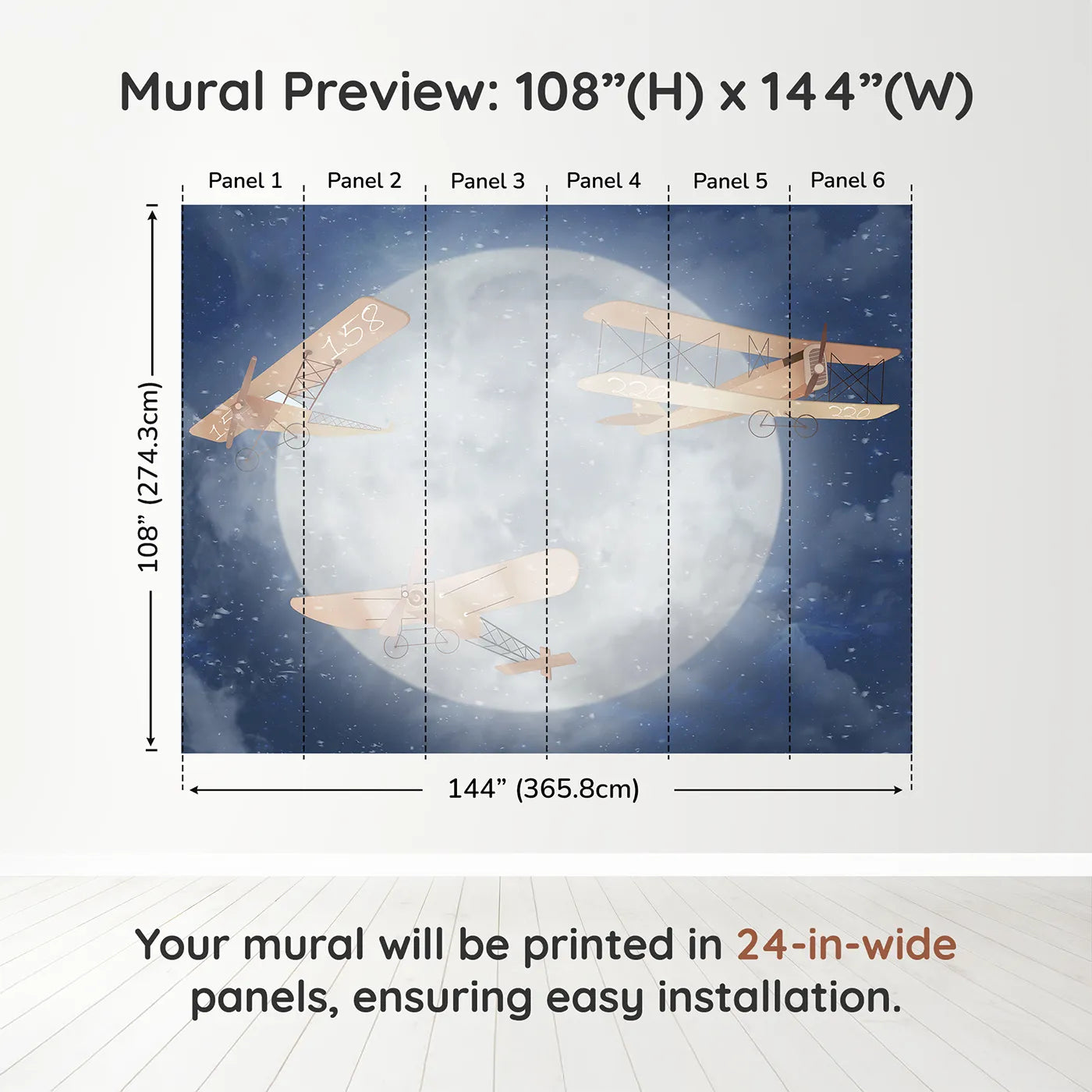 Whimsy Tots Moonlit Flight Wall Muraldimension view (108" H x 144" W). Printed in six 24-inch-wide panels. Gender-Neutral
