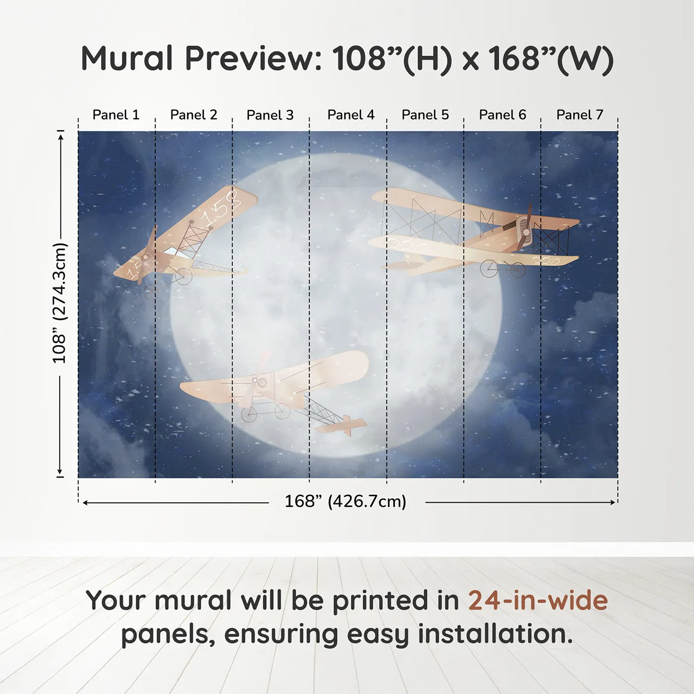 Whimsy Tots Moonlit Flight Wall Muraldimension view (108" H x 168" W). Printed in seven 24-inch-wide panels. Gender-Neutral