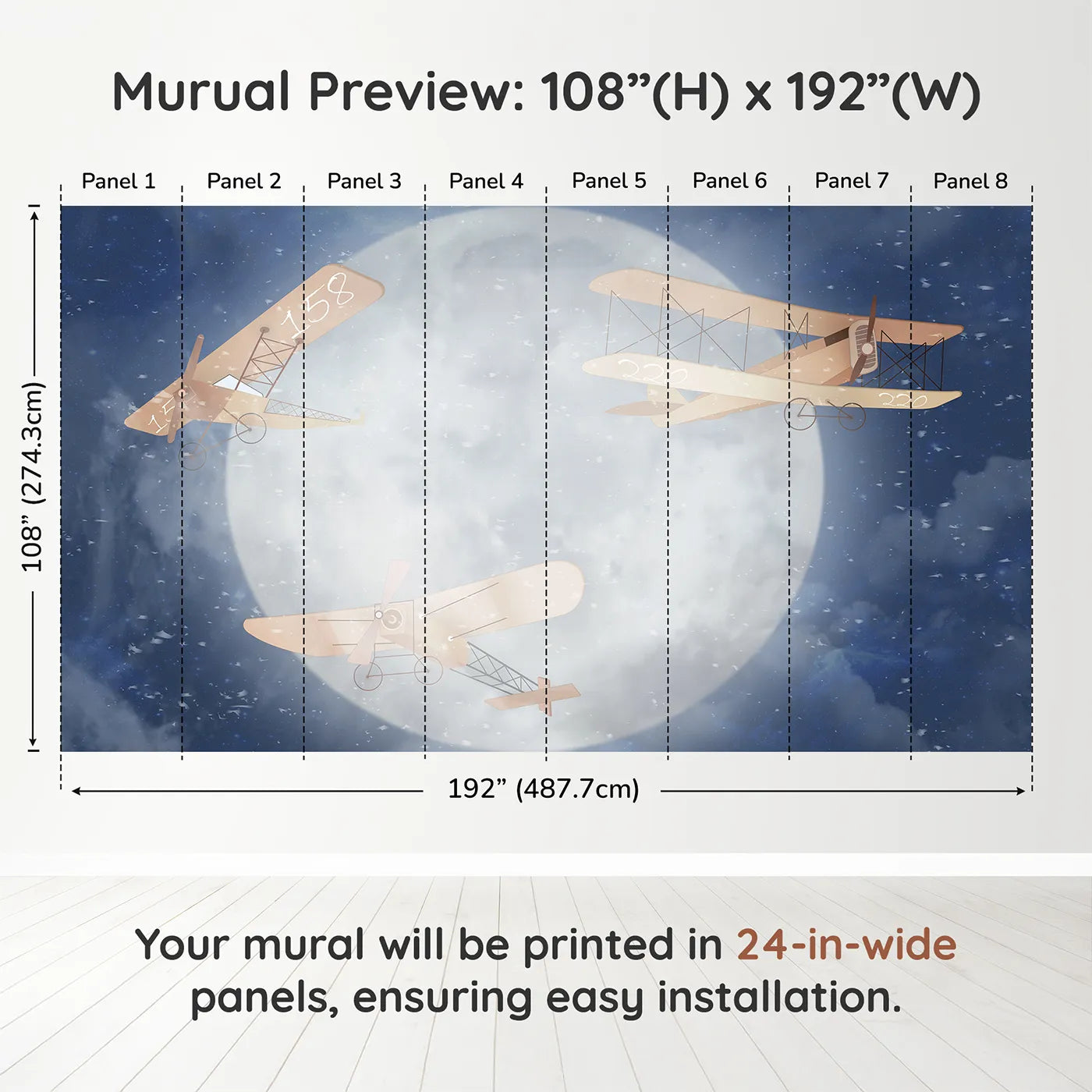 Whimsy Tots Moonlit Flight Wall Muraldimension view (108" H x 192" W). Printed in eight 24-inch-wide panels. Gender-Neutral