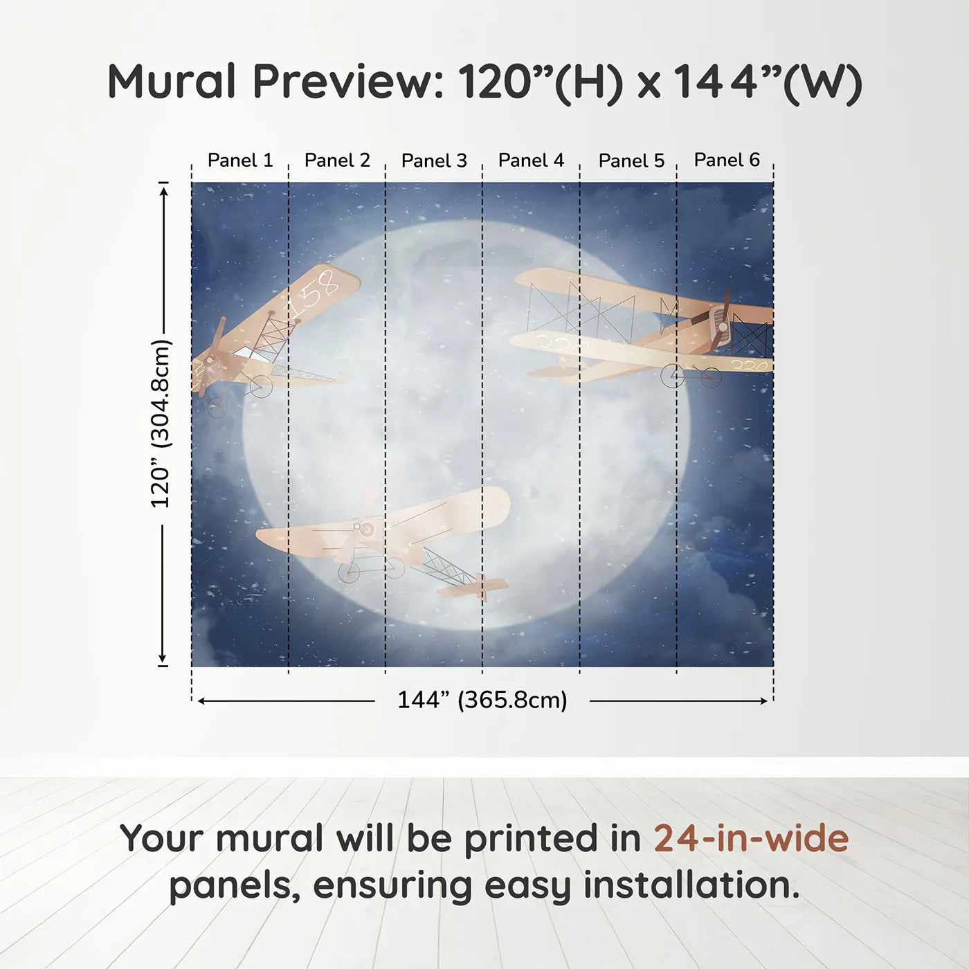 Whimsy Tots Moonlit Flight Wall Muraldimension view (120" H x 144" W). Printed in six 24-inch-wide panels. Gender-Neutral