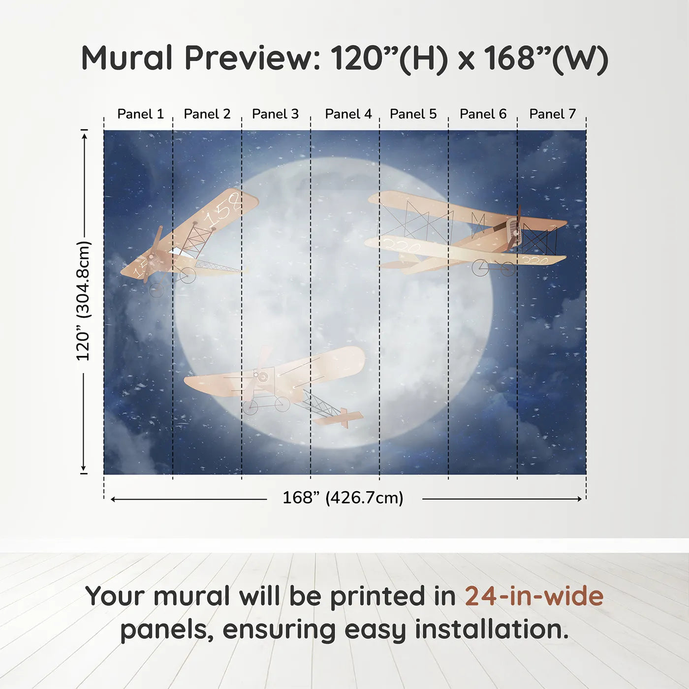 Whimsy Tots Moonlit Flight Wall Muraldimension view (120" H x 168" W). Printed in seven 24-inch-wide panels. Gender-Neutral