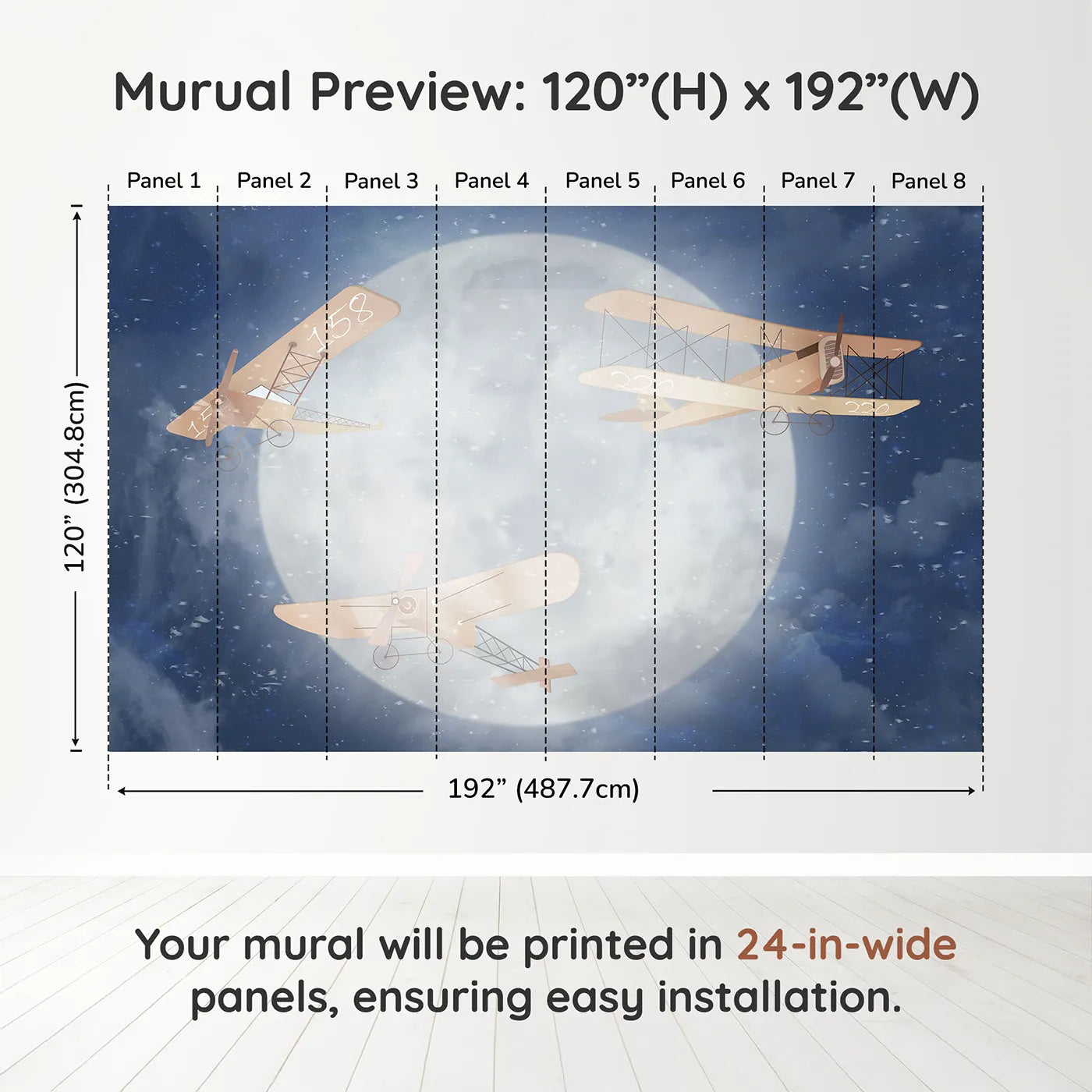 Whimsy Tots Moonlit Flight Wall Muraldimension view (120" H x 192" W). Printed in eight 24-inch-wide panels. Gender-Neutral