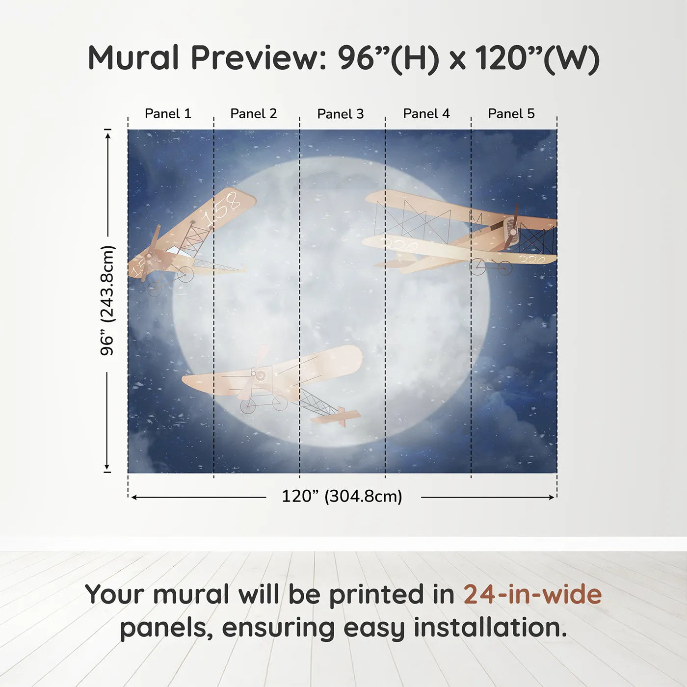 Whimsy Tots Moonlit Flight Wall Muraldimension view (96" H x 120" W). Printed in five 24-inch-wide panels. Gender-Neutral