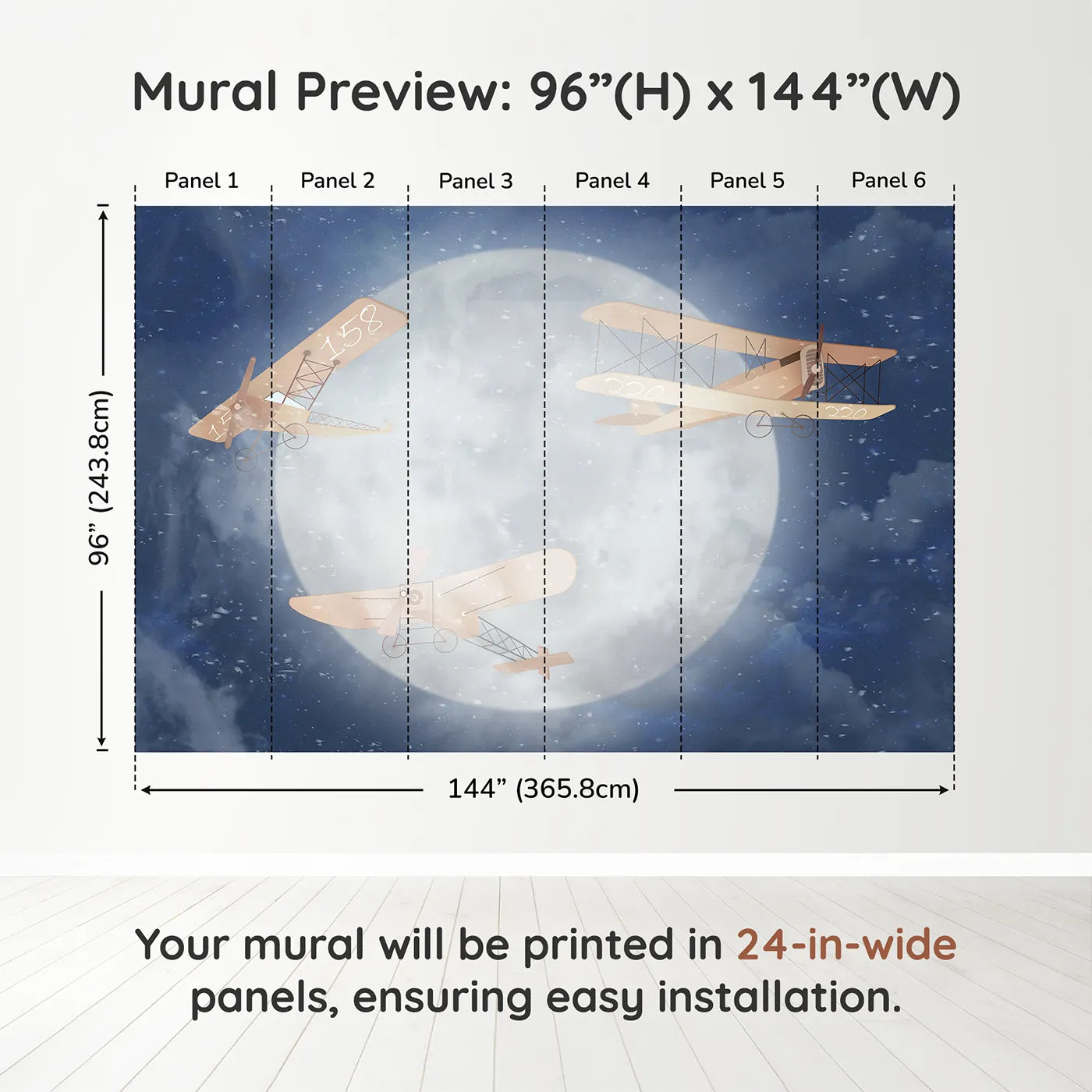 Whimsy Tots Moonlit Flight Wall Muraldimension view (96" H x 144" W). Printed in six 24-inch-wide panels. Gender-Neutral