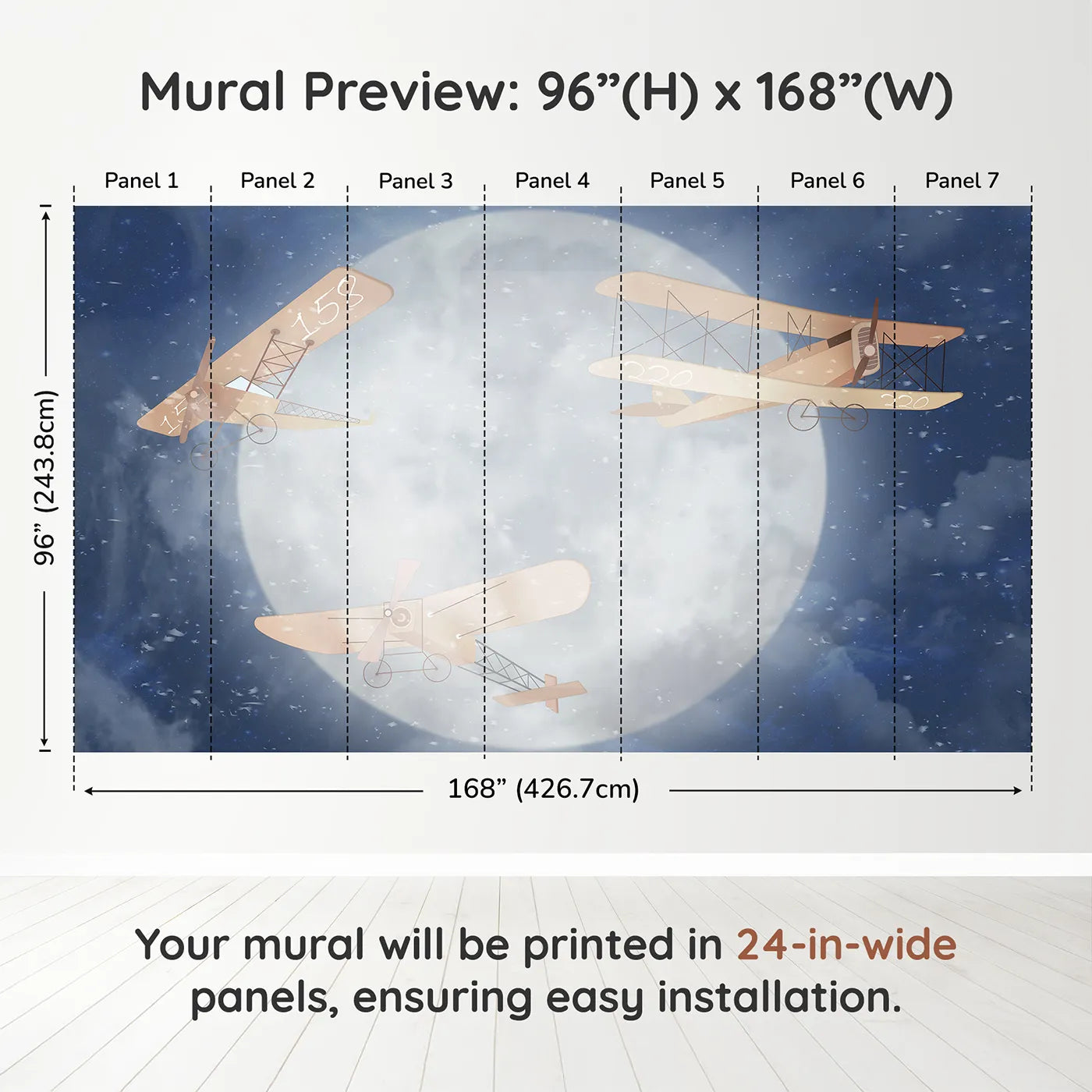 Whimsy Tots Moonlit Flight Wall Muraldimension view (96" H x 168" W). Printed in seven 24-inch-wide panels. Gender-Neutral