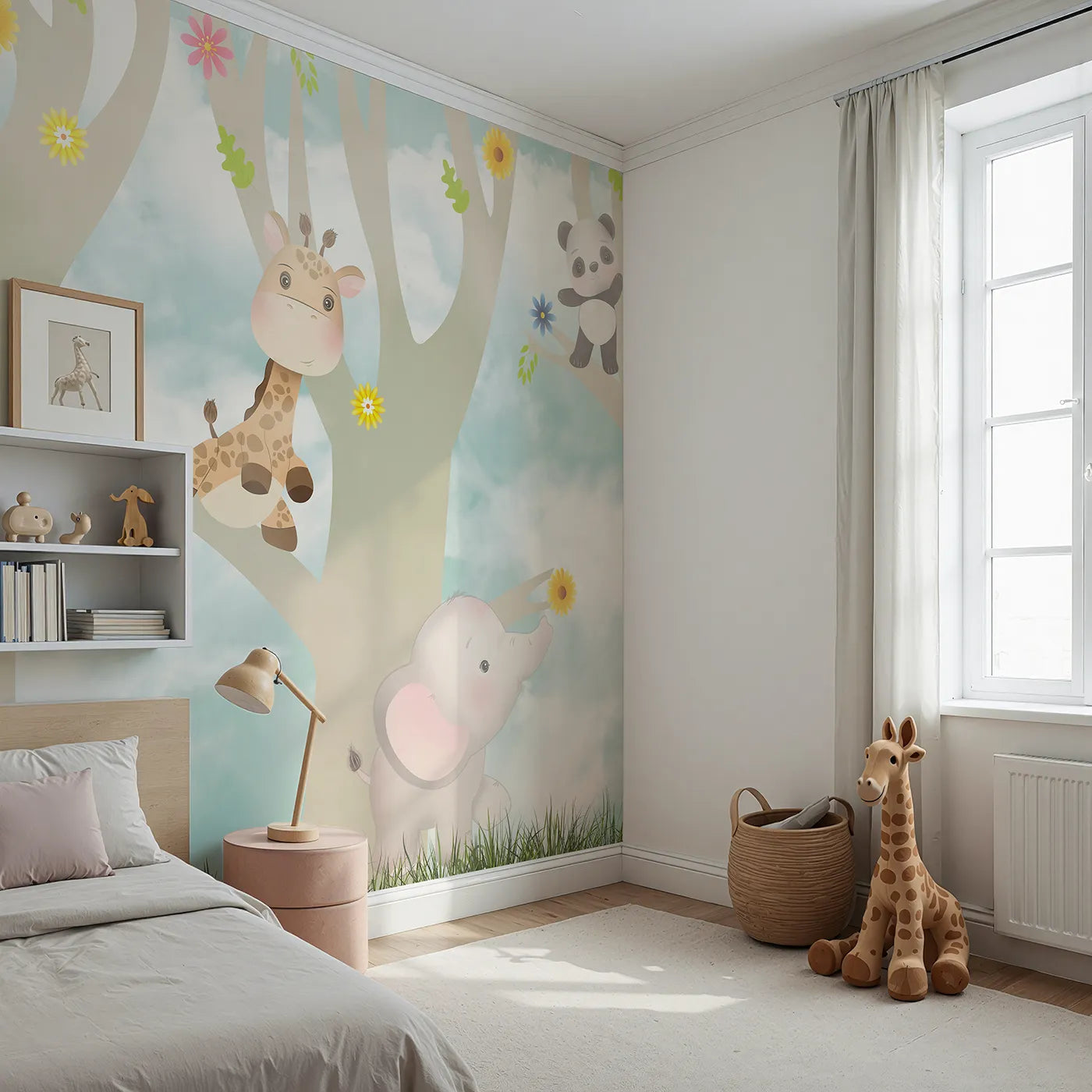 Angled view of Whimsy Tots' Jungle Friends Playtime Wall Mural (Turn Their Room into a Sweet and Gentle Forest Party).Gender-Neutral