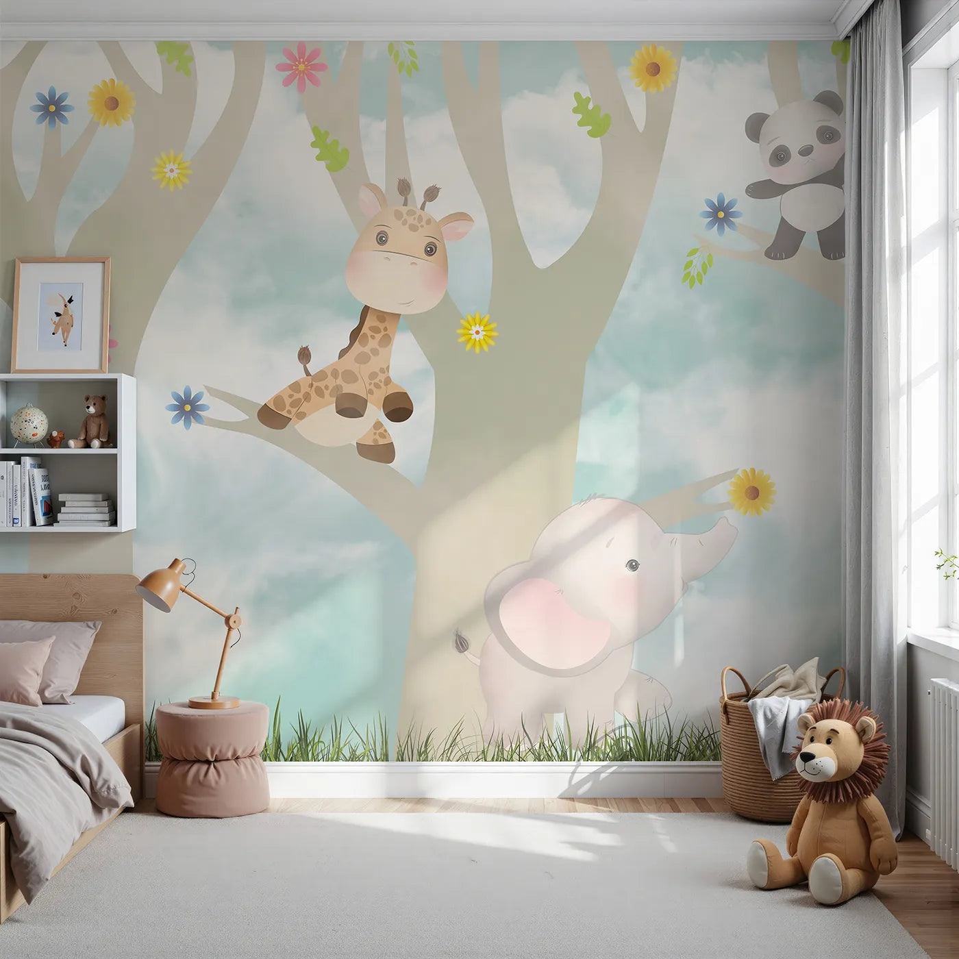 Front view of Whimsy Tots' Jungle Friends Playtime Wall Mural