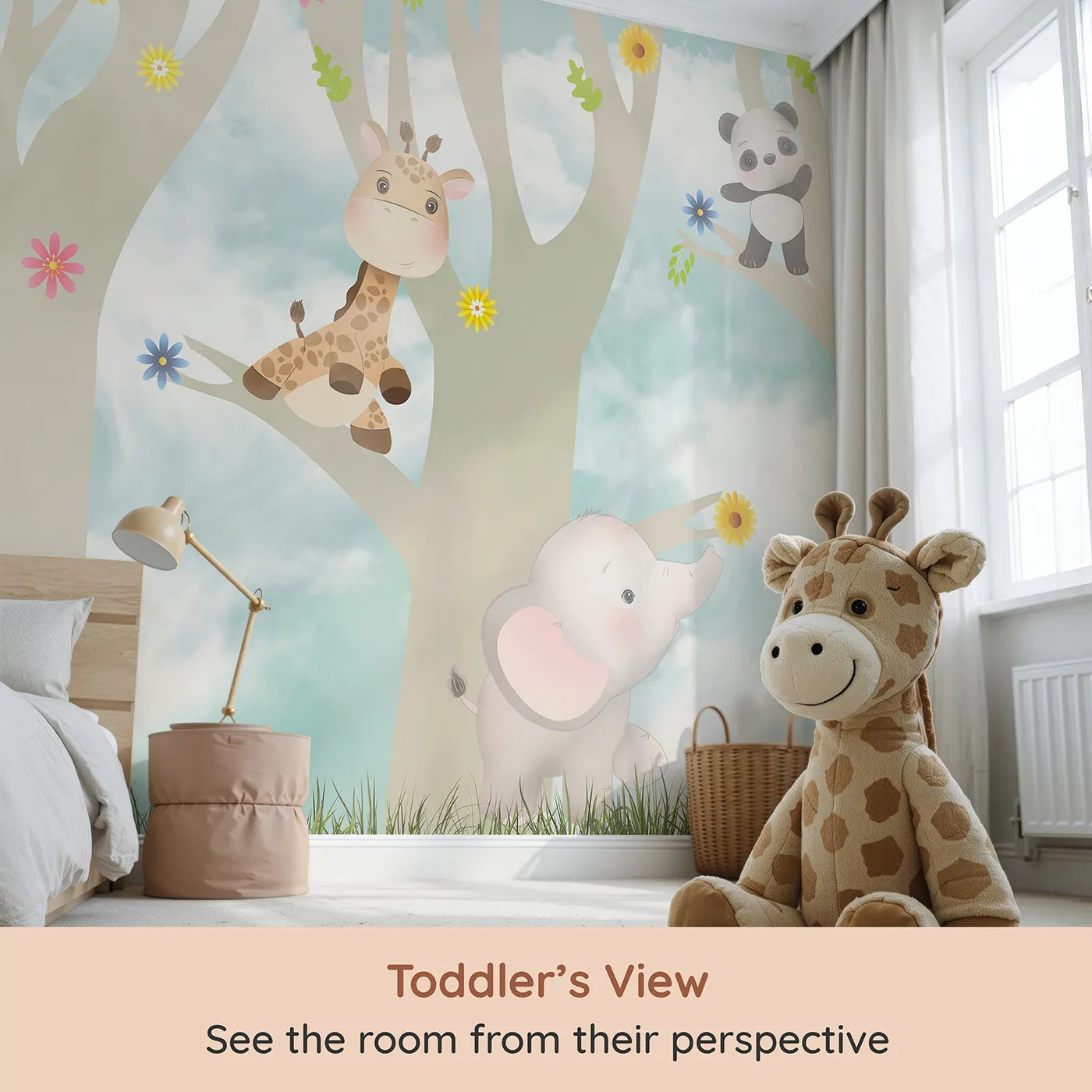 Whimsy Tots Jungle Friends Playtime Wall Mural (Turn Their Room into a Sweet and Gentle Forest Party) from your child's view.Gender-Neutral