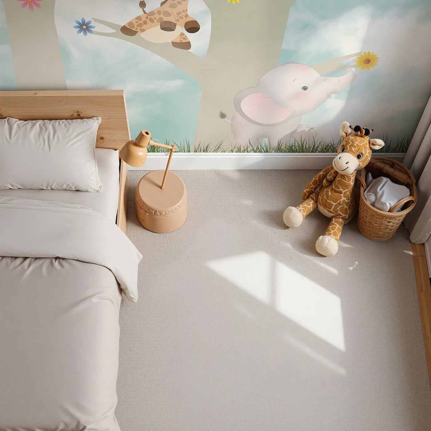 Top-down view of Whimsy Tots' Jungle Friends Playtime Wall Mural (Turn Their Room into a Sweet and Gentle Forest Party).Gender-Neutral