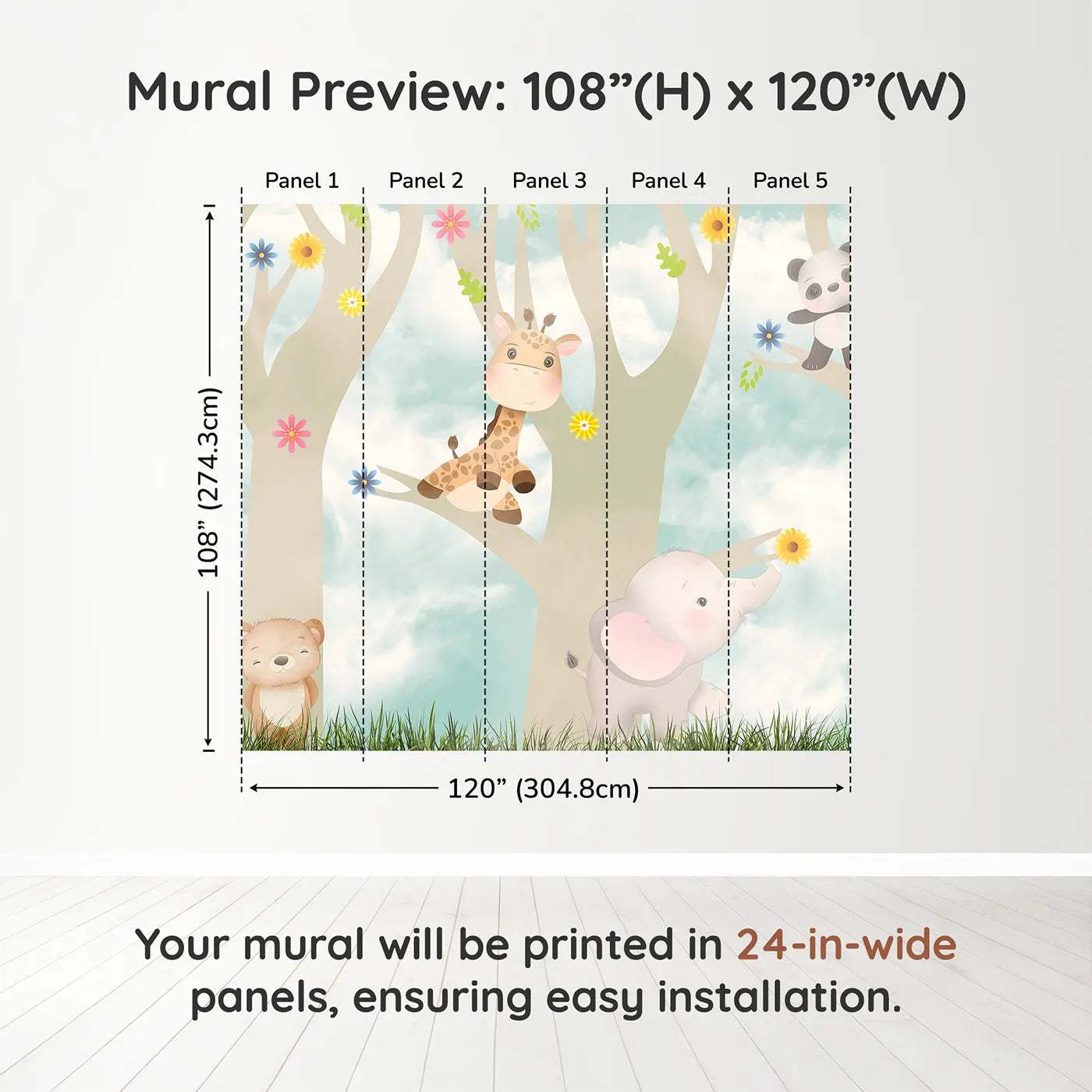 Whimsy Tots Jungle Friends Playtime Wall Muraldimension view (108" H x 120" W). Printed in five 24-inch-wide panels. Gender-Neutral