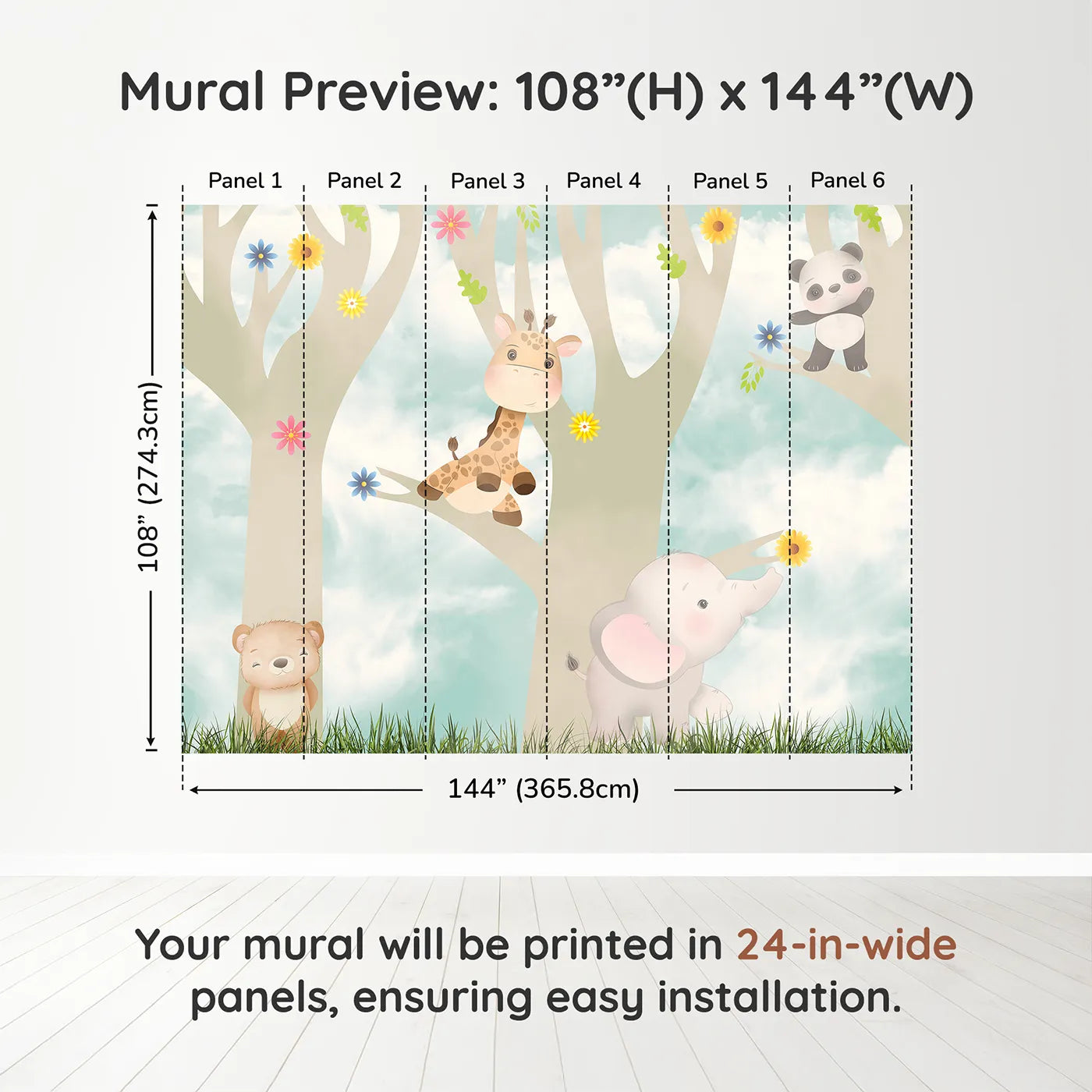 Whimsy Tots Jungle Friends Playtime Wall Muraldimension view (108" H x 144" W). Printed in six 24-inch-wide panels. Gender-Neutral