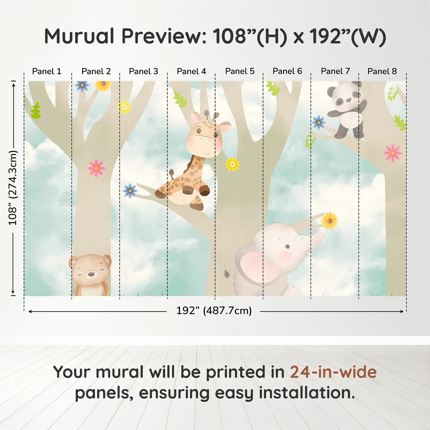 Whimsy Tots Jungle Friends Playtime Wall Muraldimension view (108" H x 192" W). Printed in eight 24-inch-wide panels. Gender-Neutral