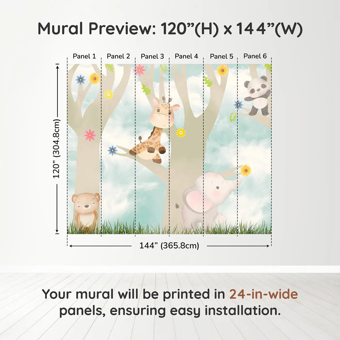 Whimsy Tots Jungle Friends Playtime Wall Muraldimension view (120" H x 144" W). Printed in six 24-inch-wide panels. Gender-Neutral