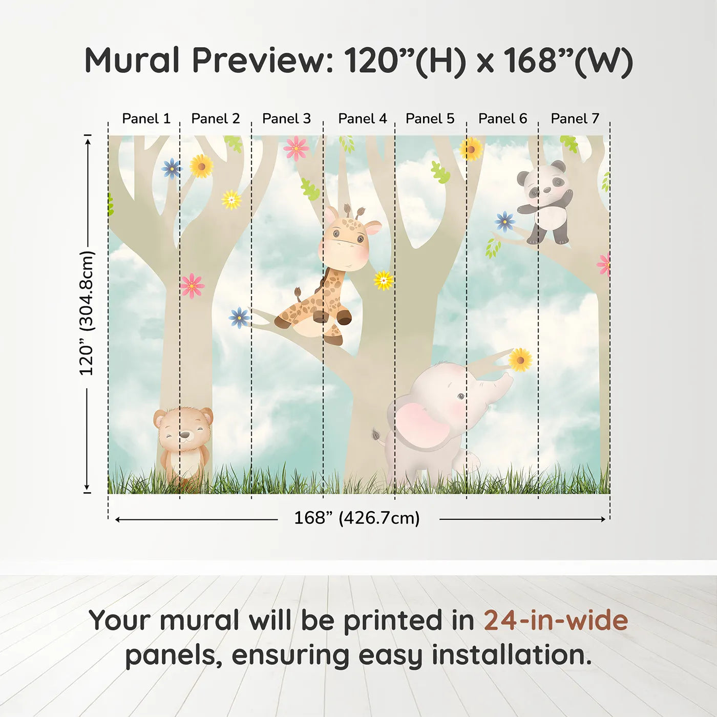 Whimsy Tots Jungle Friends Playtime Wall Muraldimension view (120" H x 168" W). Printed in seven 24-inch-wide panels. Gender-Neutral