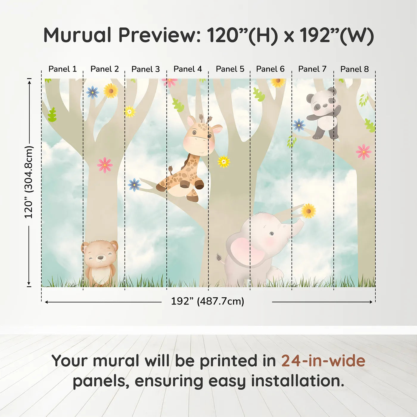 Whimsy Tots Jungle Friends Playtime Wall Muraldimension view (120" H x 192" W). Printed in eight 24-inch-wide panels. Gender-Neutral