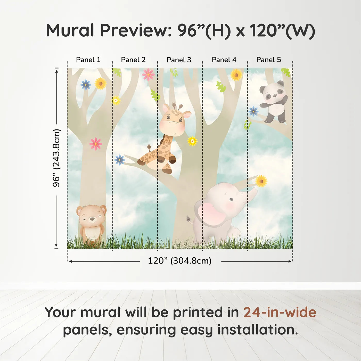 Whimsy Tots Jungle Friends Playtime Wall Muraldimension view (96" H x 120" W). Printed in five 24-inch-wide panels. Gender-Neutral