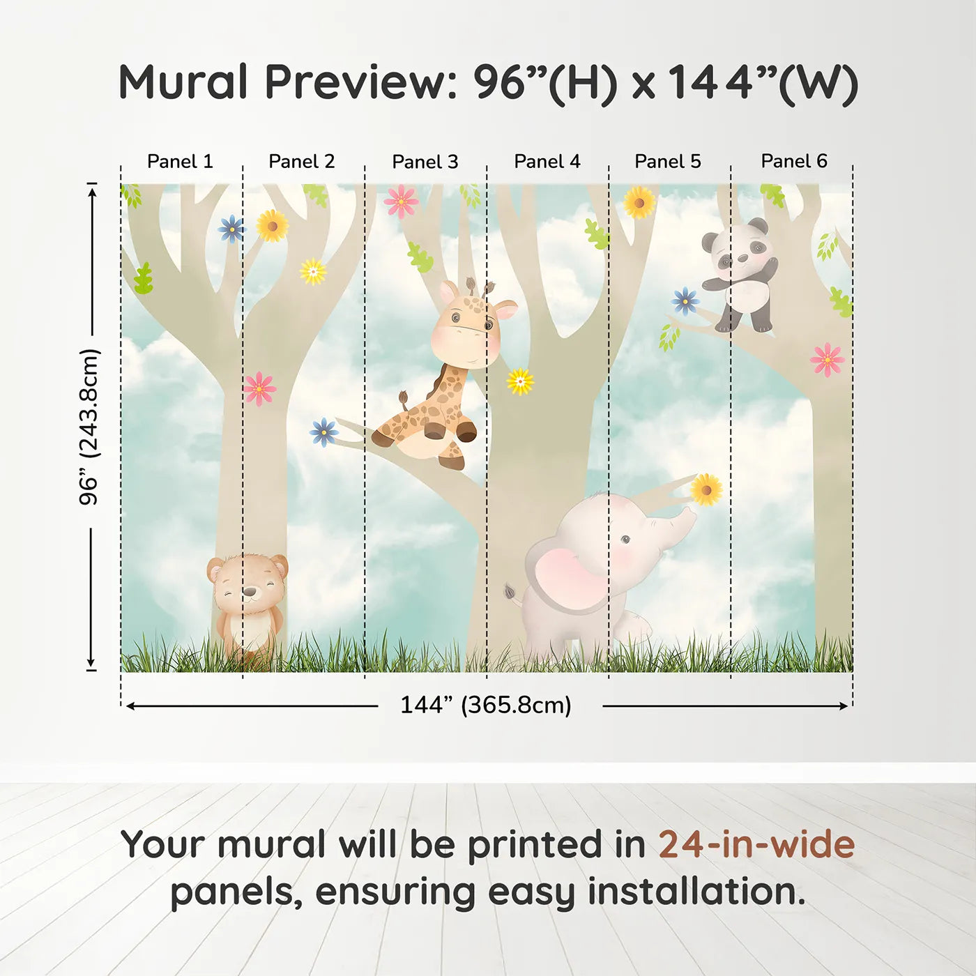 Whimsy Tots Jungle Friends Playtime Wall Muraldimension view (96" H x 144" W). Printed in six 24-inch-wide panels. Gender-Neutral