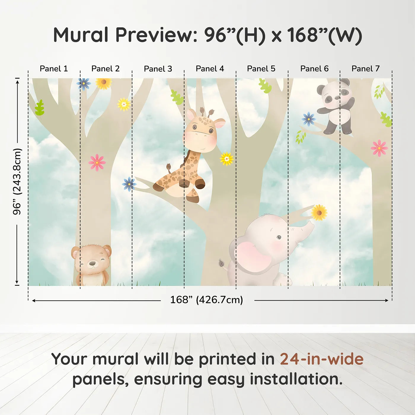 Whimsy Tots Jungle Friends Playtime Wall Muraldimension view (96" H x 168" W). Printed in seven 24-inch-wide panels. Gender-Neutral