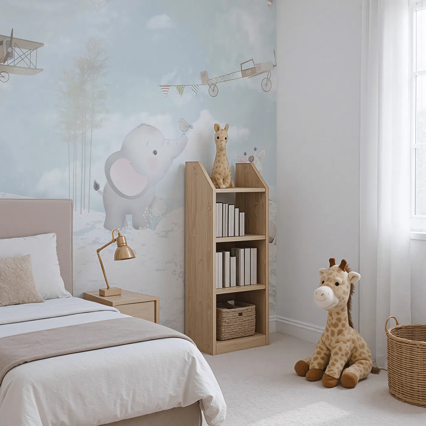 Angled view of Whimsy Tots' Safari Flying Club Wall Mural (Turn Their Room into a High-Flying Celebration).Gender-Neutral