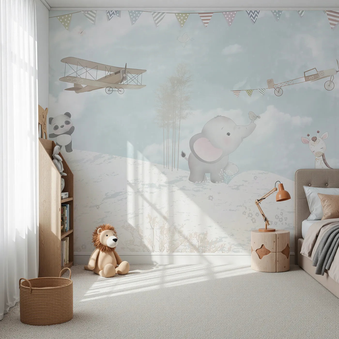 Front view of Whimsy Tots' Safari Flying Club Wall Mural