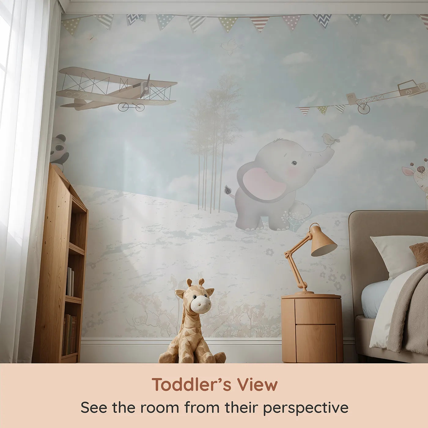 Whimsy Tots Safari Flying Club Wall Mural (Turn Their Room into a High-Flying Celebration) from your child's view.Gender-Neutral