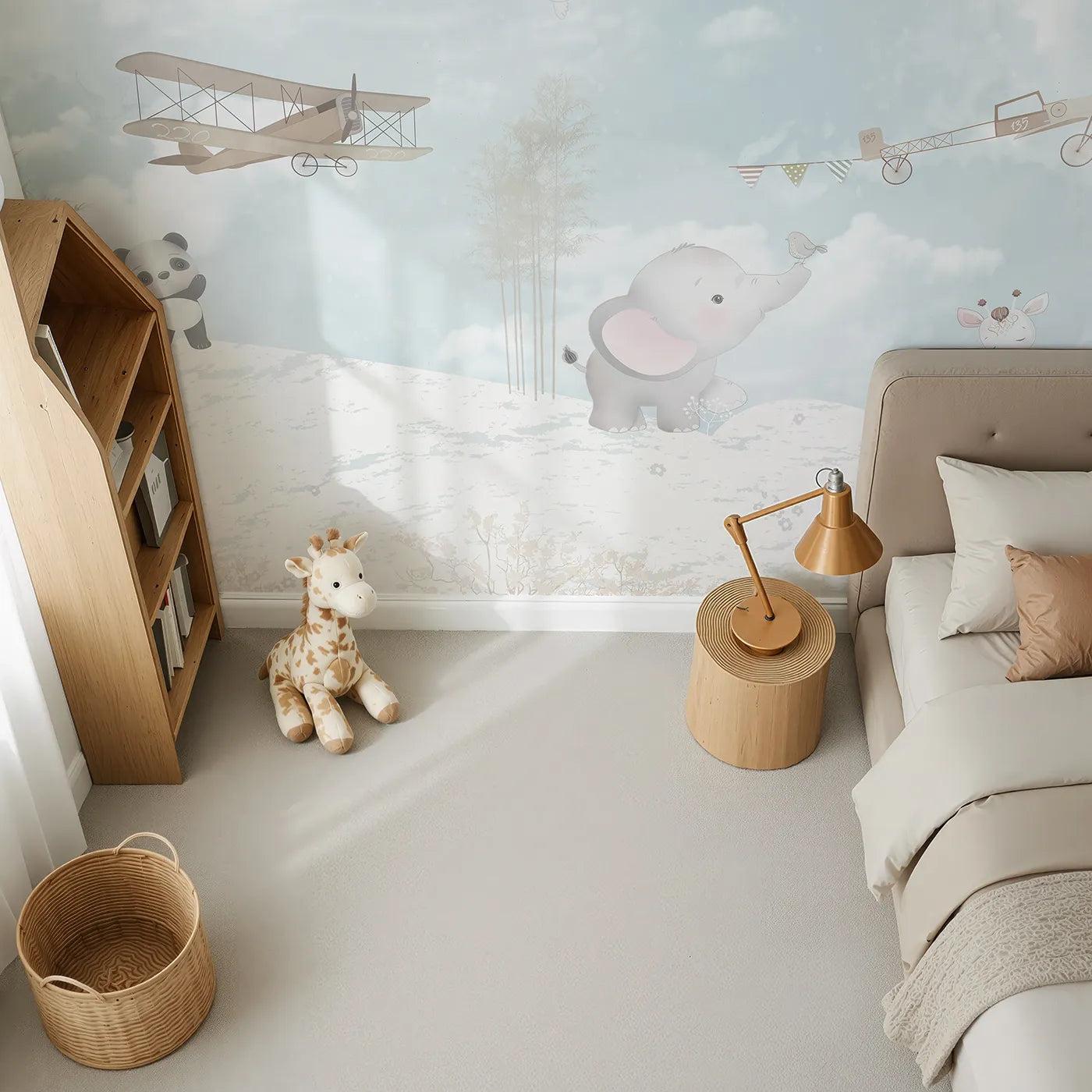 Top-down view of Whimsy Tots' Safari Flying Club Wall Mural (Turn Their Room into a High-Flying Celebration).Gender-Neutral