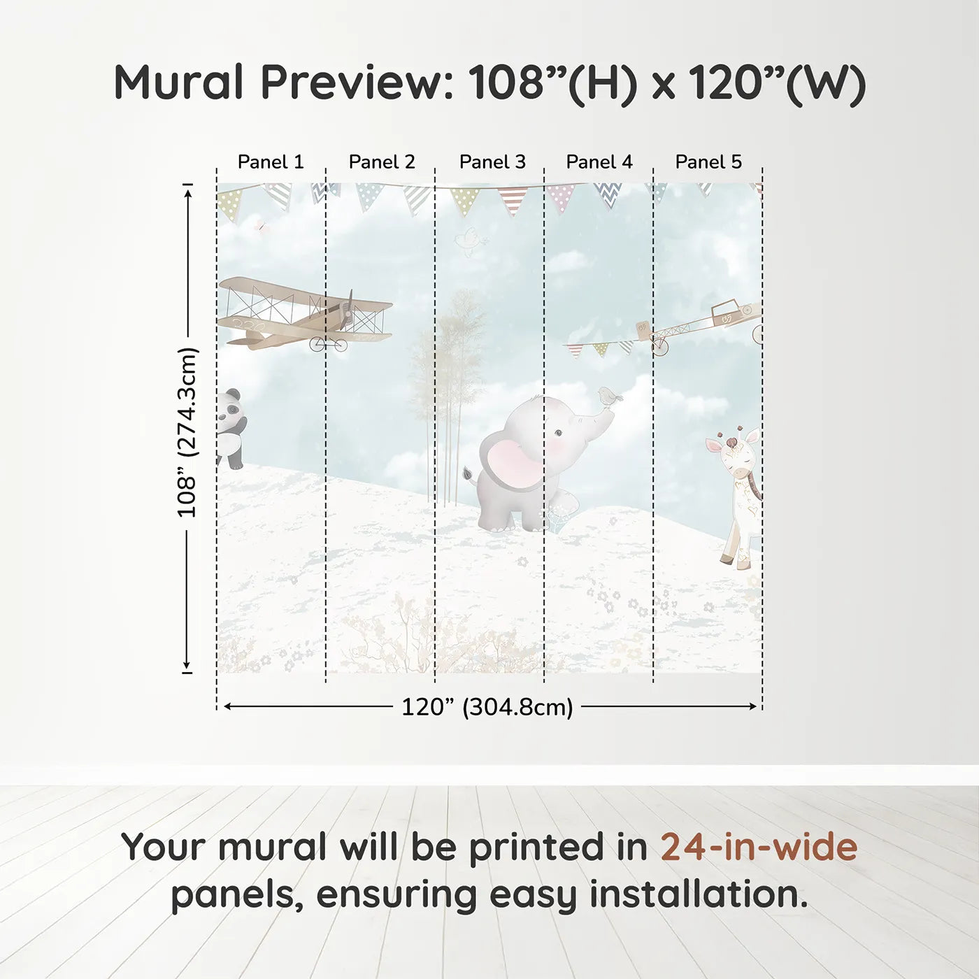 Whimsy Tots Safari Flying Club Wall Muraldimension view (108" H x 120" W). Printed in five 24-inch-wide panels. Gender-Neutral