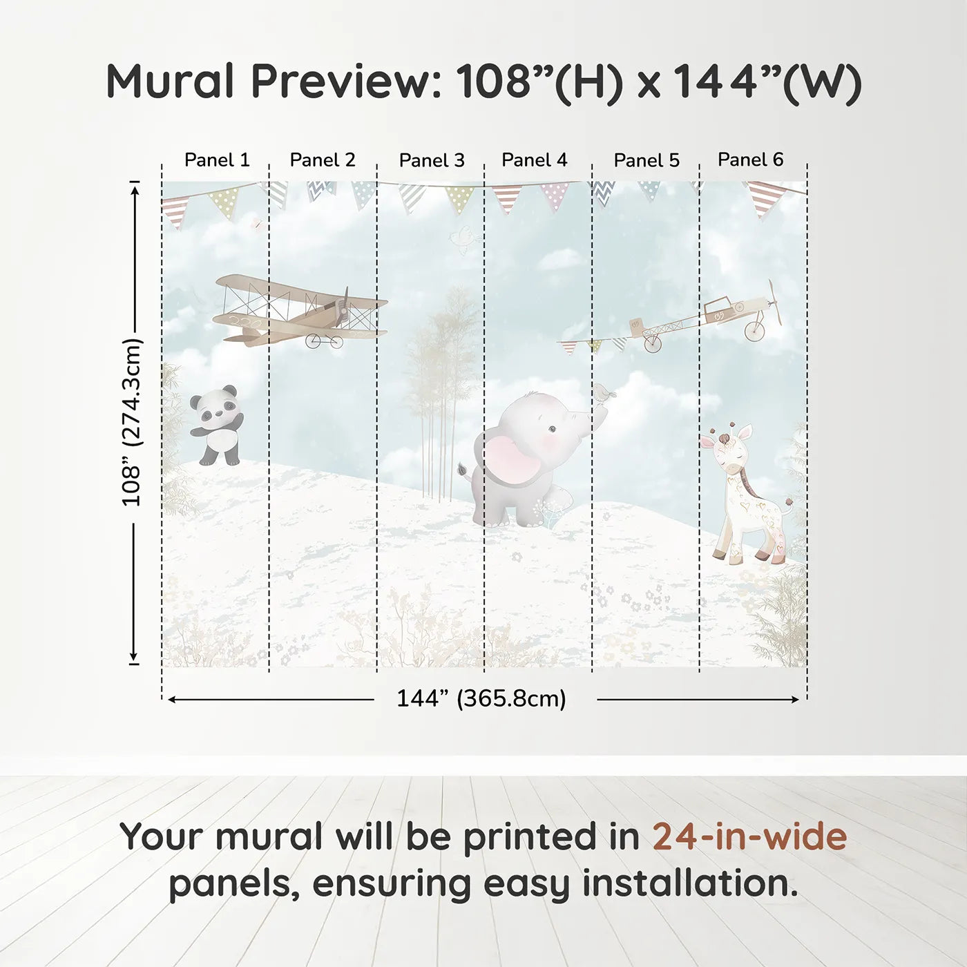 Whimsy Tots Safari Flying Club Wall Muraldimension view (108" H x 144" W). Printed in six 24-inch-wide panels. Gender-Neutral