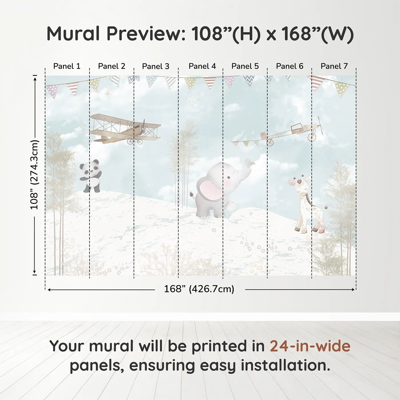 Whimsy Tots Safari Flying Club Wall Muraldimension view (108" H x 168" W). Printed in seven 24-inch-wide panels. Gender-Neutral