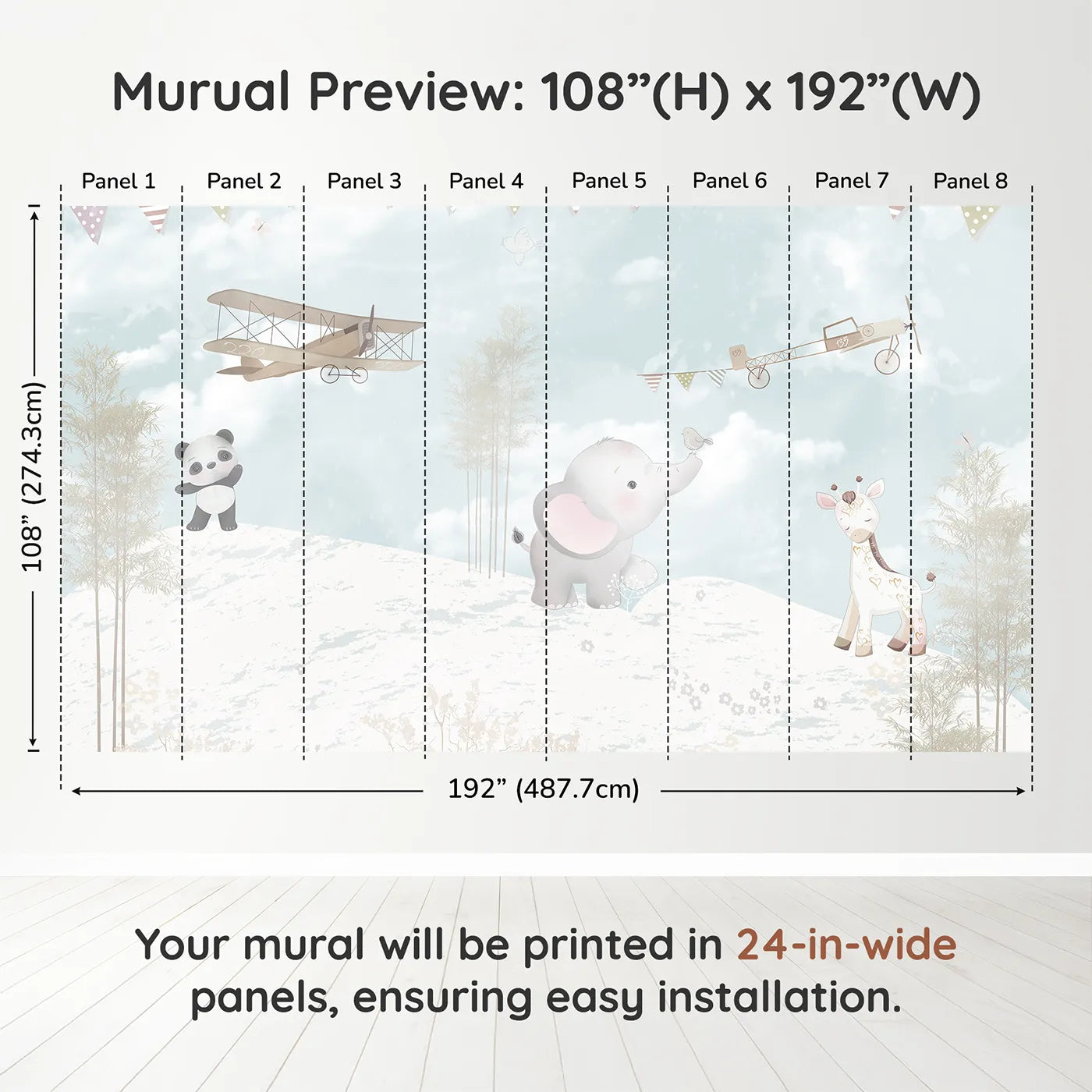Whimsy Tots Safari Flying Club Wall Muraldimension view (108" H x 192" W). Printed in eight 24-inch-wide panels. Gender-Neutral