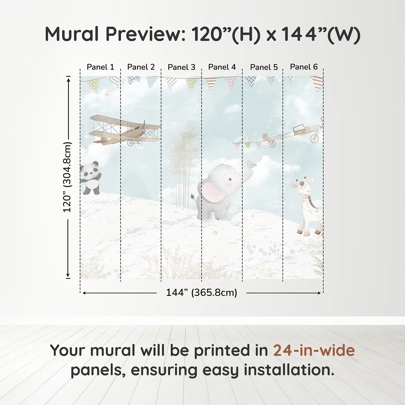 Whimsy Tots Safari Flying Club Wall Muraldimension view (120" H x 144" W). Printed in six 24-inch-wide panels. Gender-Neutral