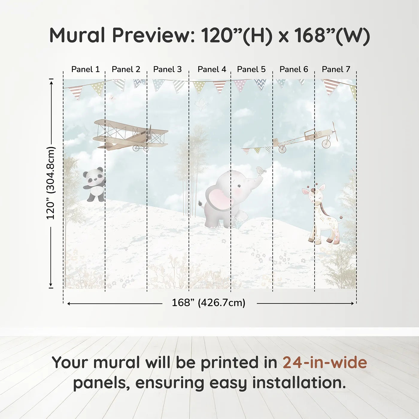 Whimsy Tots Safari Flying Club Wall Muraldimension view (120" H x 168" W). Printed in seven 24-inch-wide panels. Gender-Neutral