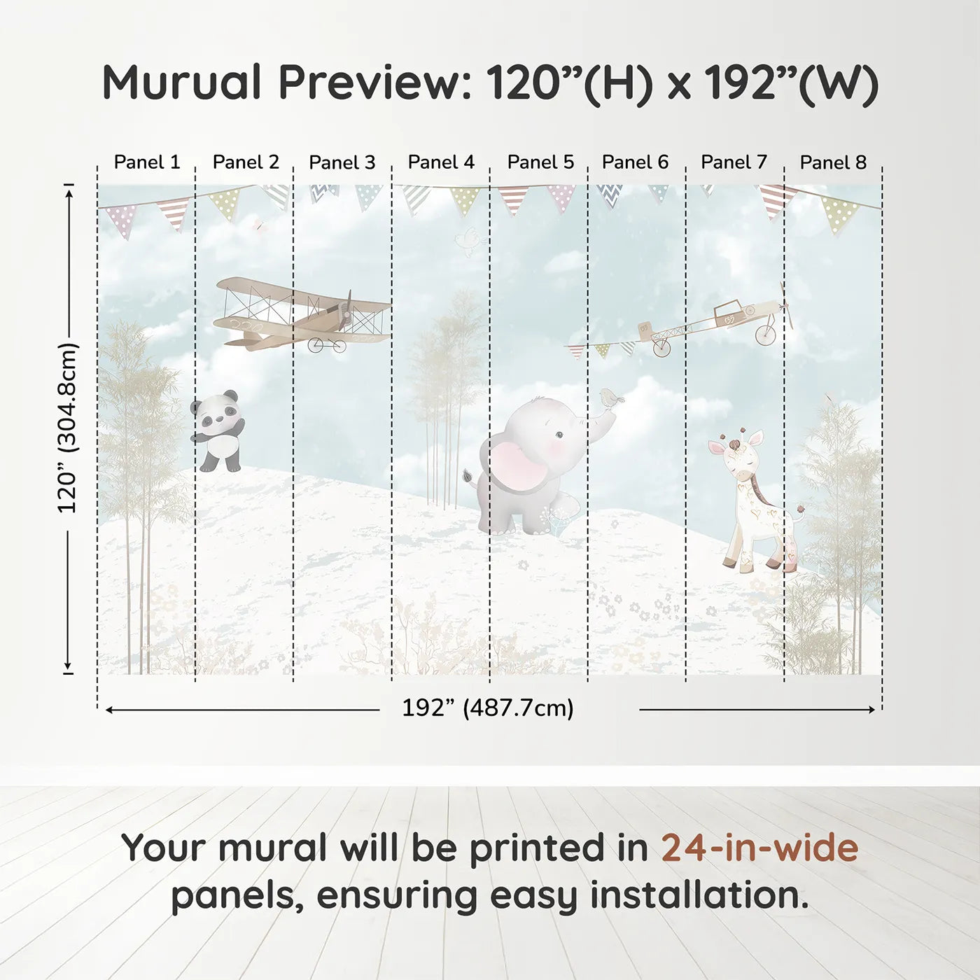 Whimsy Tots Safari Flying Club Wall Muraldimension view (120" H x 192" W). Printed in eight 24-inch-wide panels. Gender-Neutral
