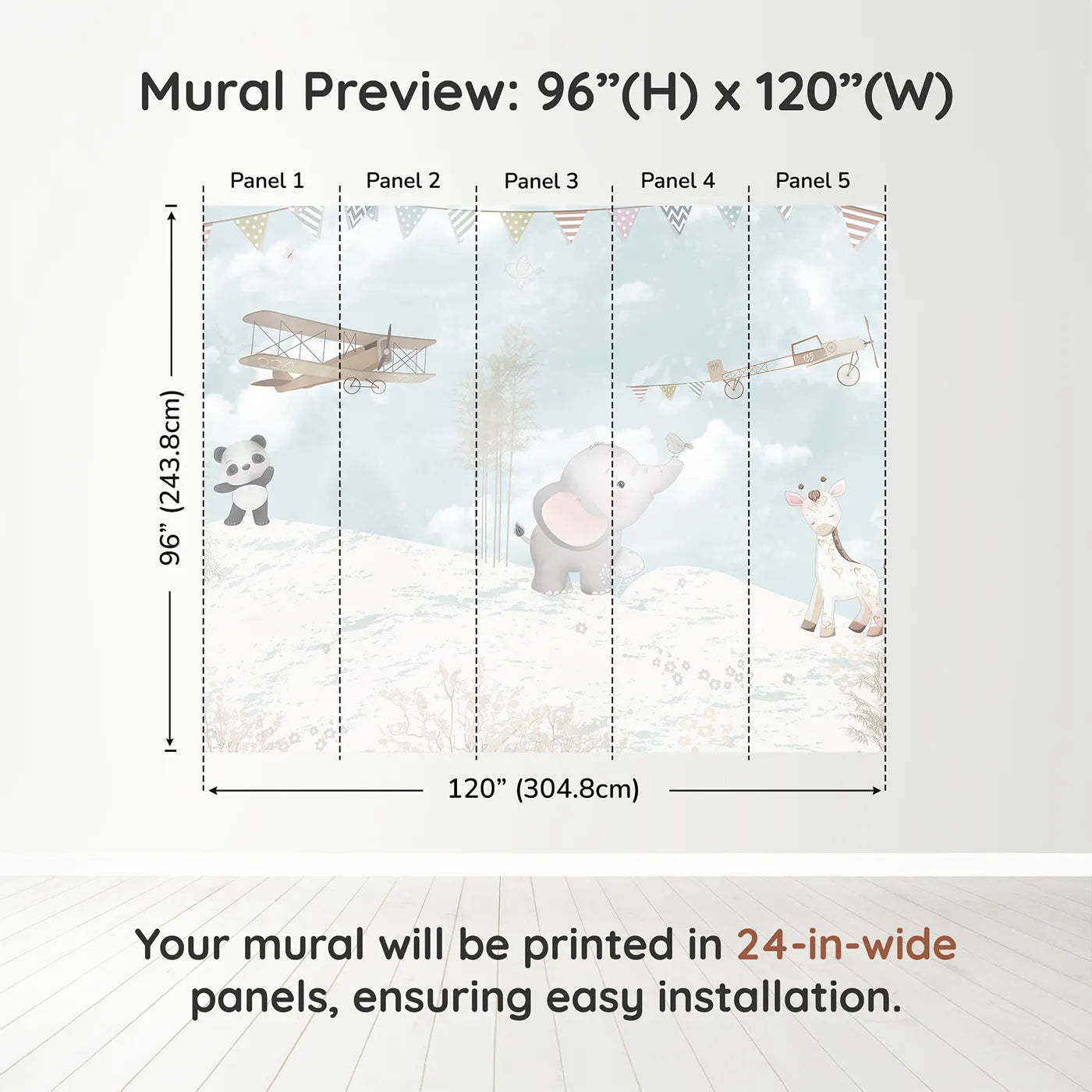 Whimsy Tots Safari Flying Club Wall Muraldimension view (96" H x 120" W). Printed in five 24-inch-wide panels. Gender-Neutral