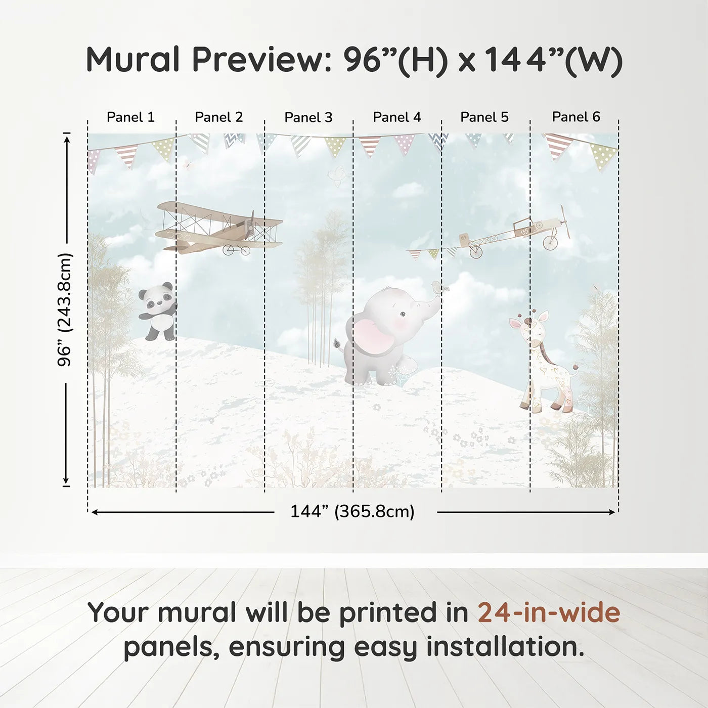 Whimsy Tots Safari Flying Club Wall Muraldimension view (96" H x 144" W). Printed in six 24-inch-wide panels. Gender-Neutral