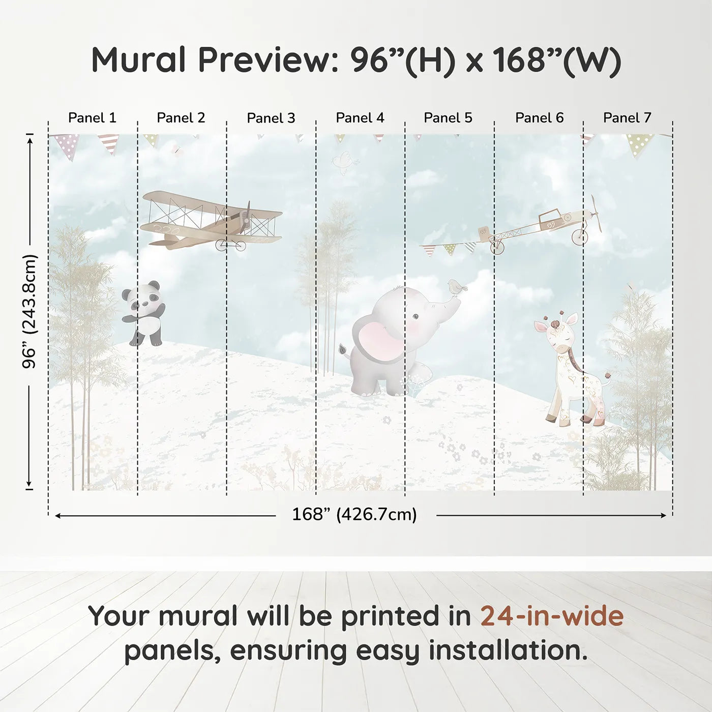 Whimsy Tots Safari Flying Club Wall Muraldimension view (96" H x 168" W). Printed in seven 24-inch-wide panels. Gender-Neutral