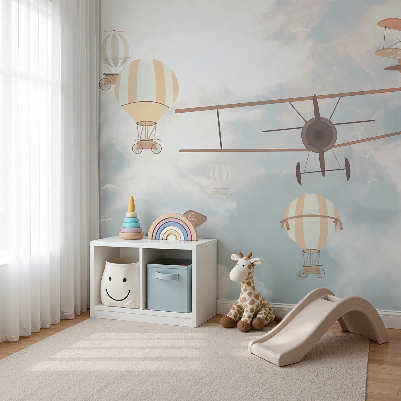 Angled view of Whimsy Tots' Vintage Sky Parade Wall Mural (Turn Their Room into a Grand Procession in the Clouds).Gender-Neutral