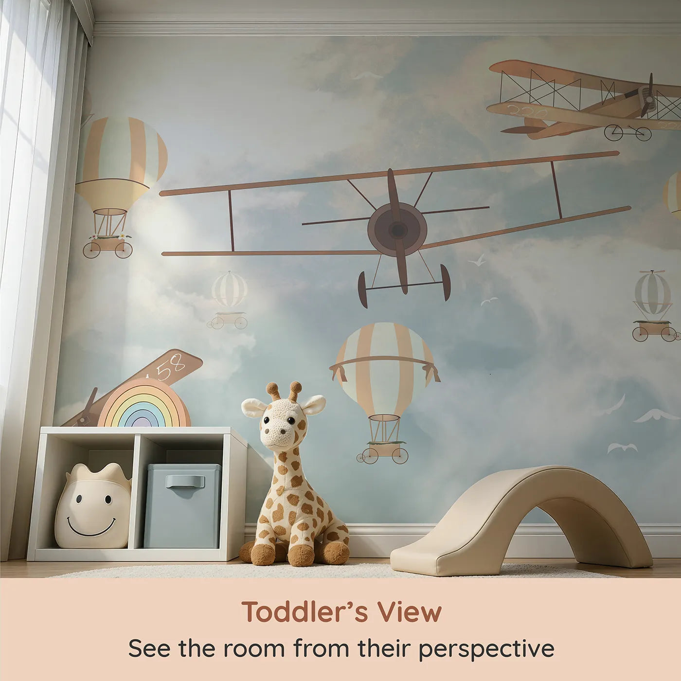Whimsy Tots Vintage Sky Parade Wall Mural (Turn Their Room into a Grand Procession in the Clouds) from your child's view.Gender-Neutral