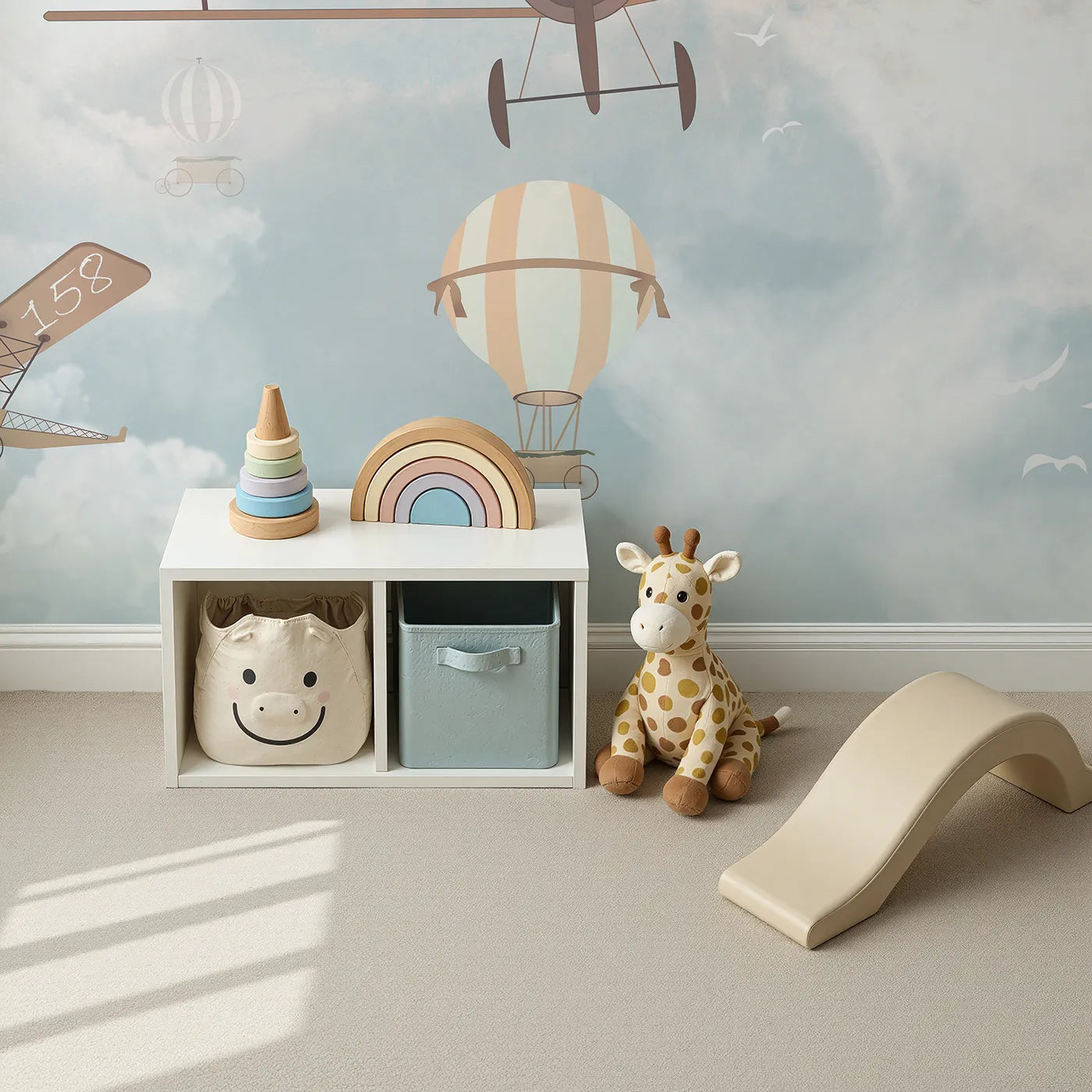 Top-down view of Whimsy Tots' Vintage Sky Parade Wall Mural (Turn Their Room into a Grand Procession in the Clouds).Gender-Neutral