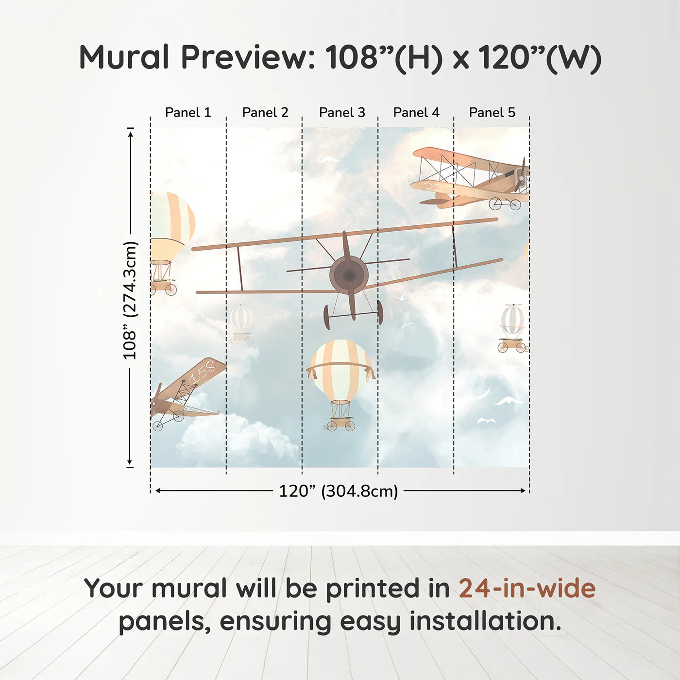 Whimsy Tots Vintage Sky Parade Wall Muraldimension view (108" H x 120" W). Printed in five 24-inch-wide panels. Gender-Neutral
