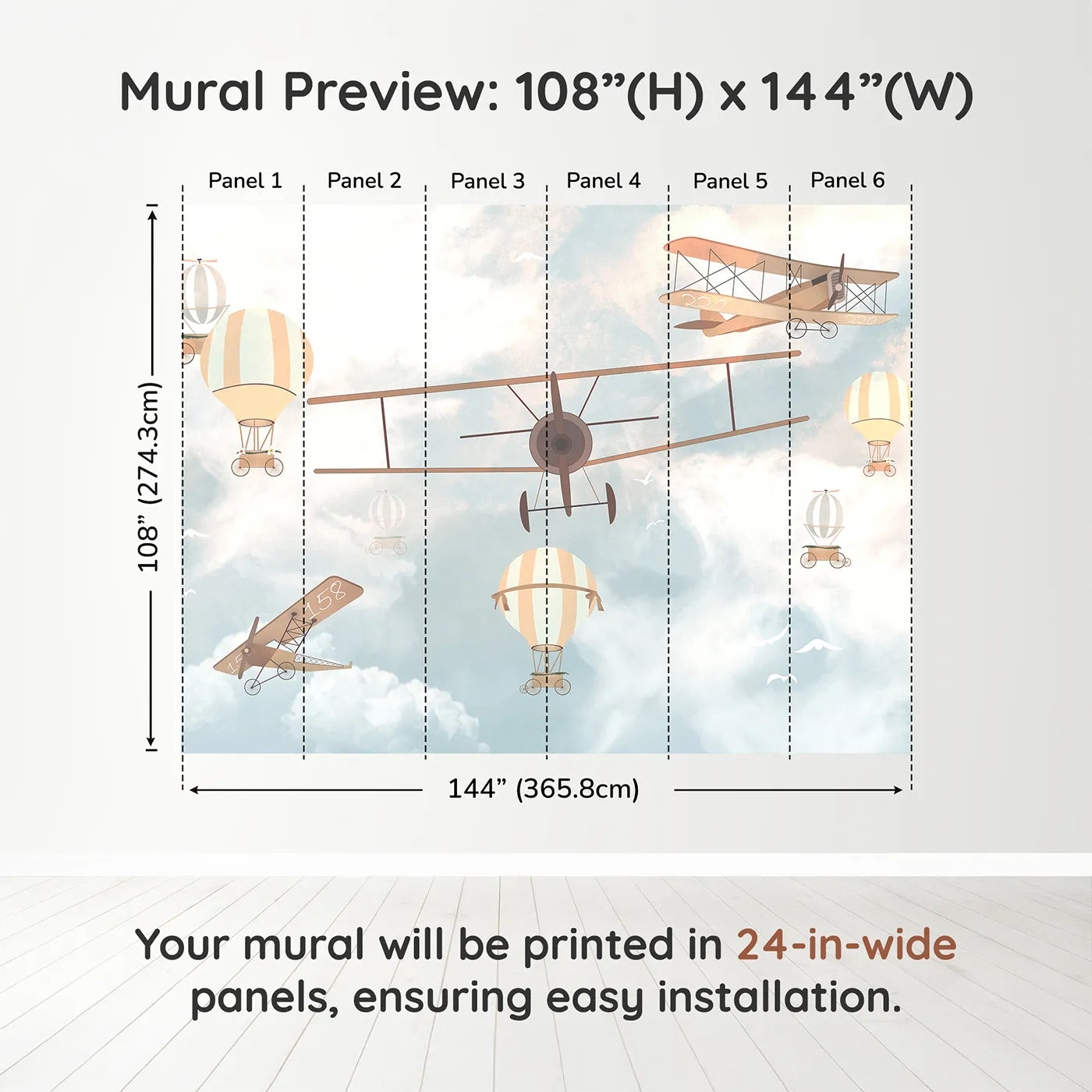 Whimsy Tots Vintage Sky Parade Wall Muraldimension view (108" H x 144" W). Printed in six 24-inch-wide panels. Gender-Neutral