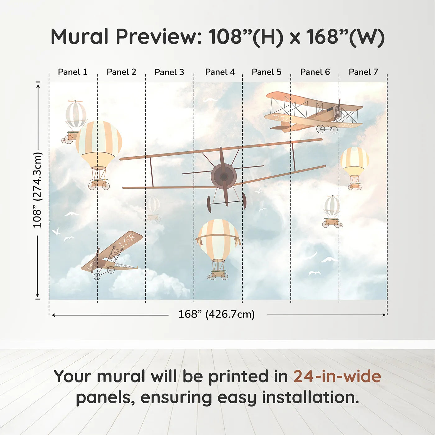 Whimsy Tots Vintage Sky Parade Wall Muraldimension view (108" H x 168" W). Printed in seven 24-inch-wide panels. Gender-Neutral