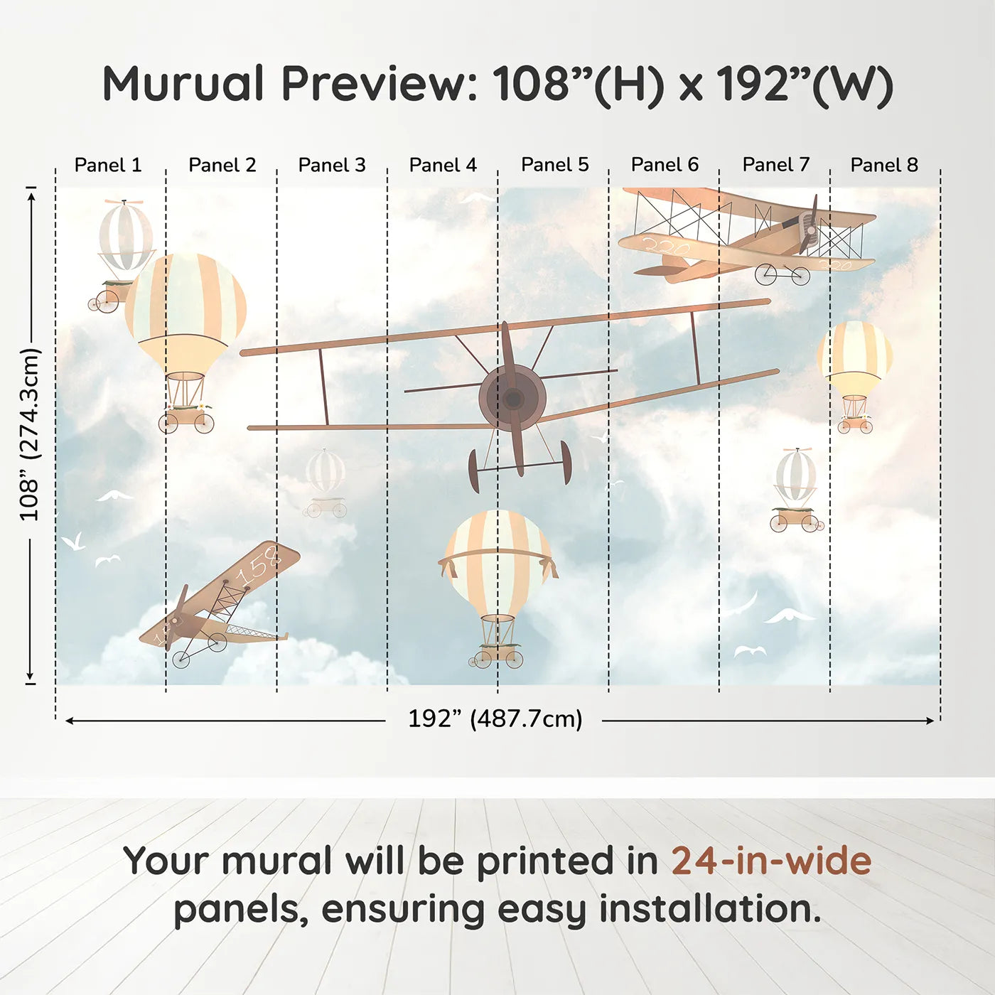 Whimsy Tots Vintage Sky Parade Wall Muraldimension view (108" H x 192" W). Printed in eight 24-inch-wide panels. Gender-Neutral