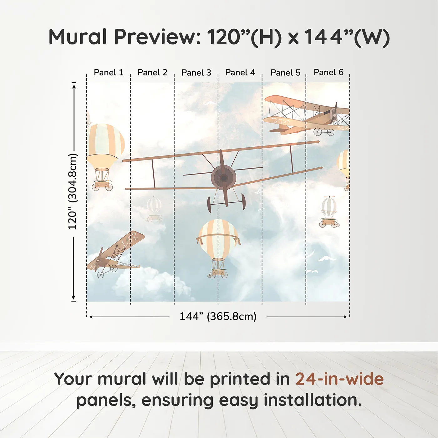 Whimsy Tots Vintage Sky Parade Wall Muraldimension view (120" H x 144" W). Printed in six 24-inch-wide panels. Gender-Neutral