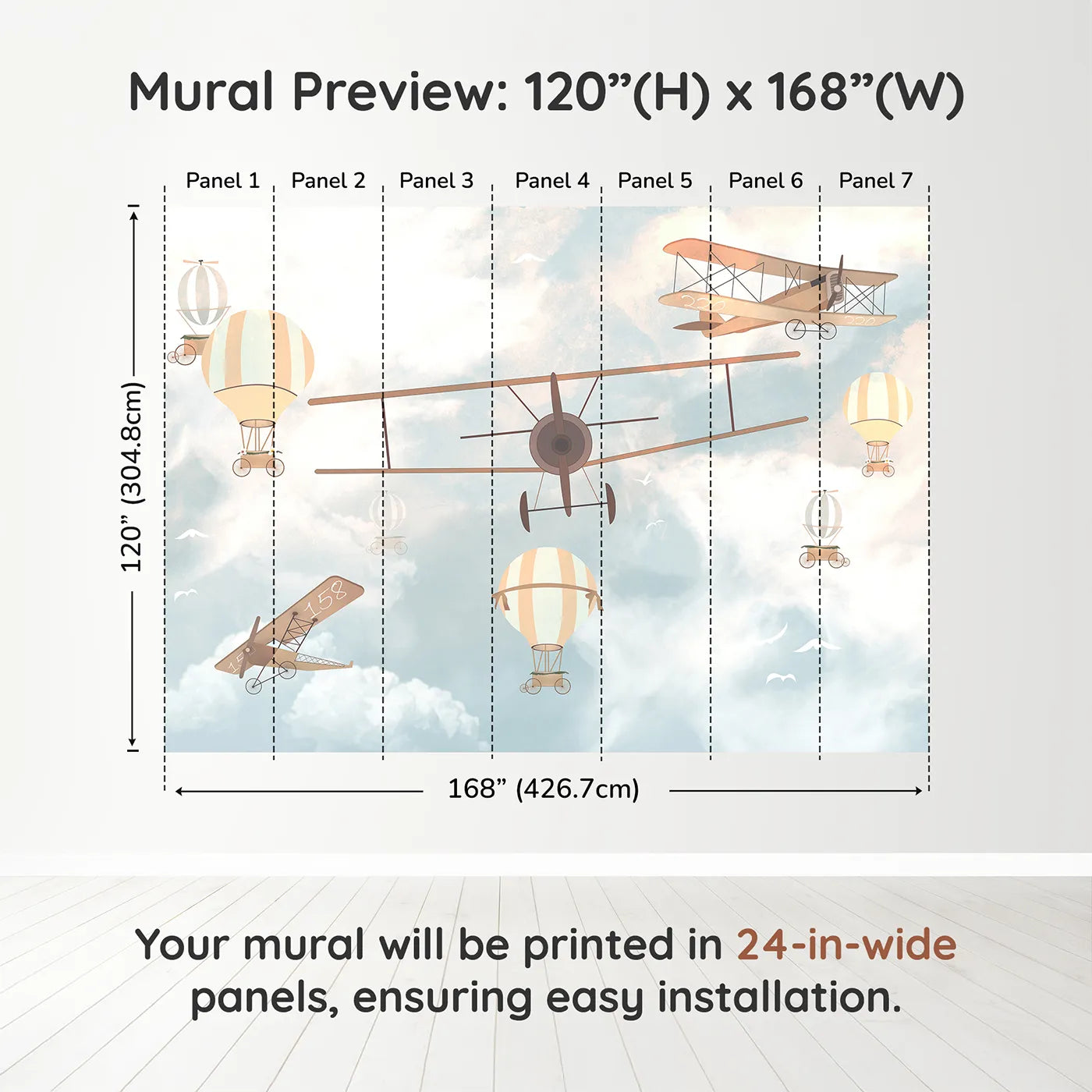 Whimsy Tots Vintage Sky Parade Wall Muraldimension view (120" H x 168" W). Printed in seven 24-inch-wide panels. Gender-Neutral